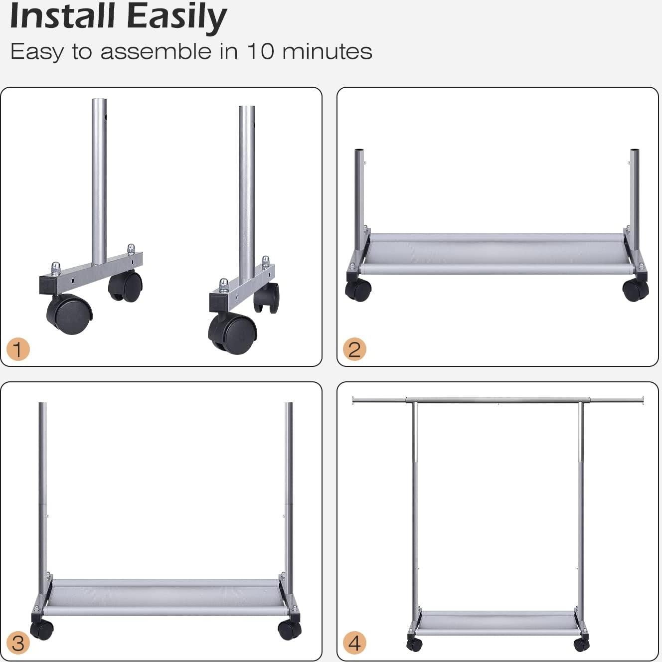 Perchero Corto Rodante MISSLO con Estantes y Ruedas Plata