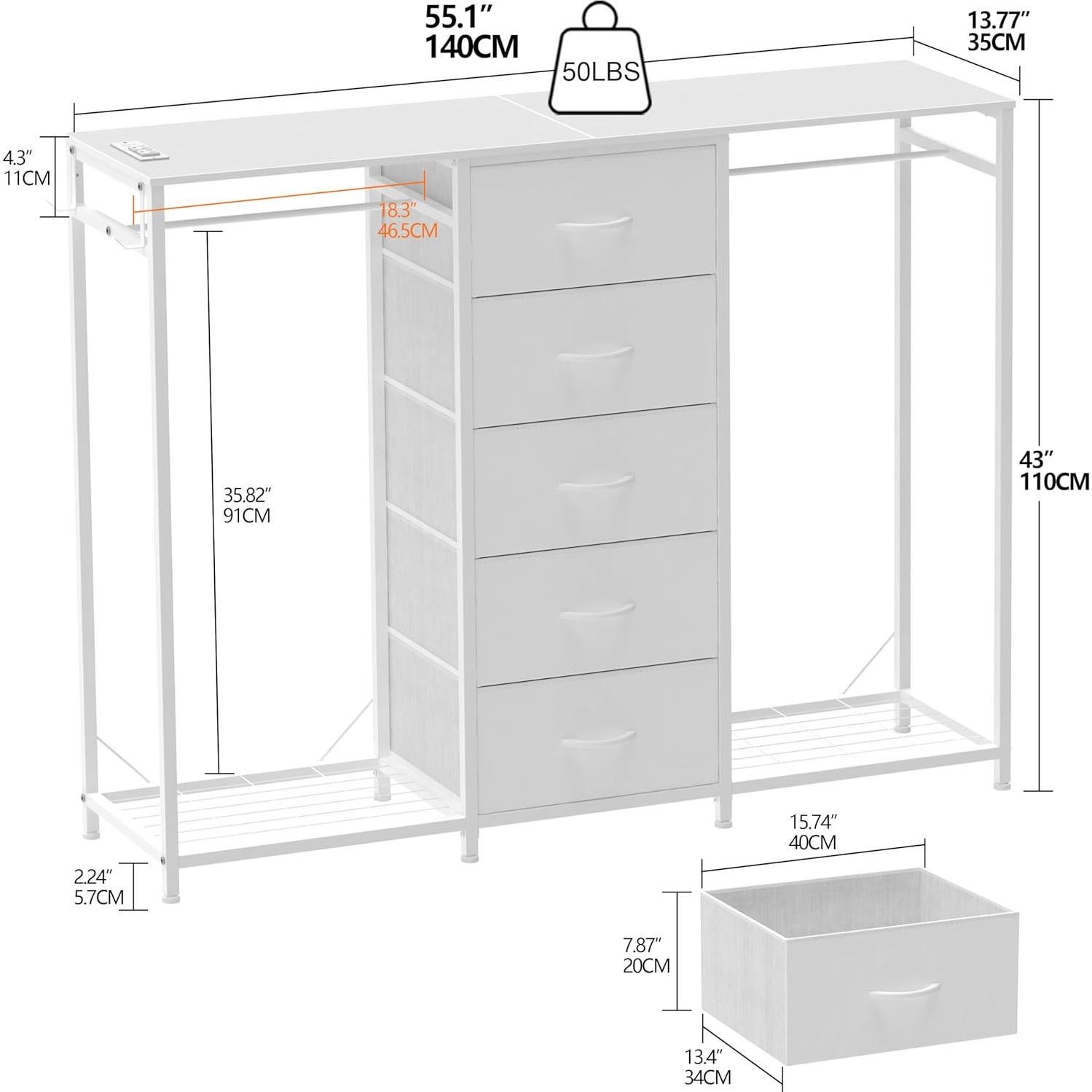 Cómoda blanca Espelism 5 cajones con perchero y luces LED