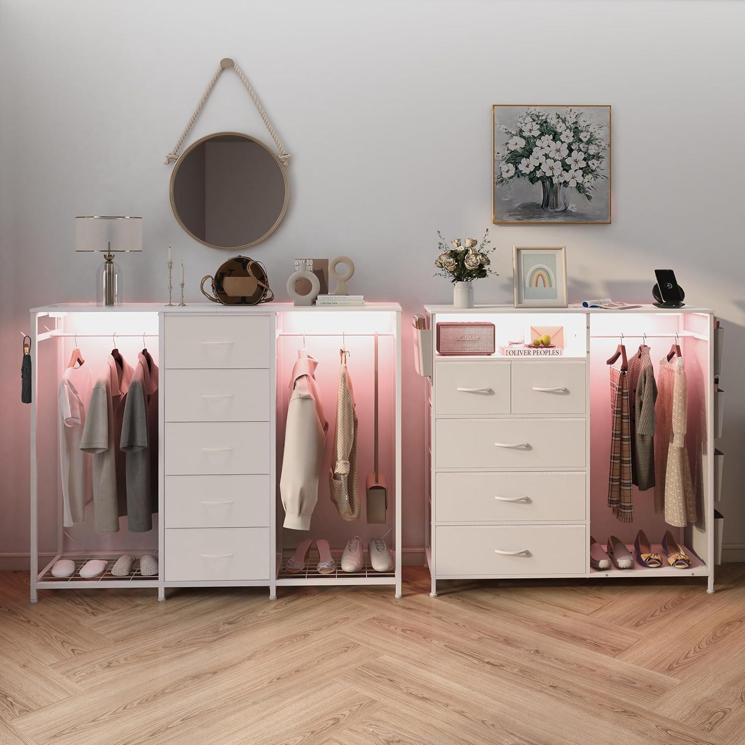 Cómoda blanca Espelism 5 cajones con perchero y luces LED