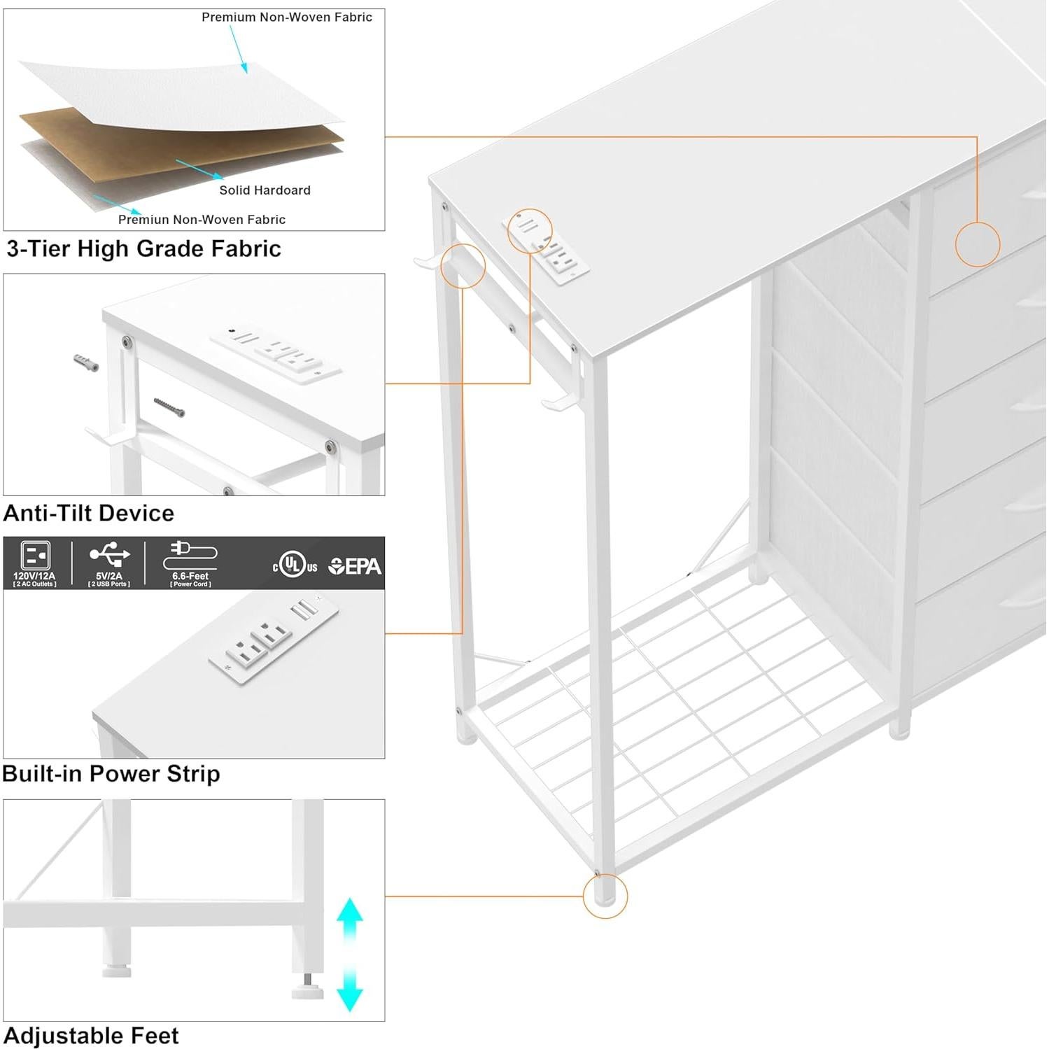 Cómoda blanca Espelism 5 cajones con perchero y luces LED