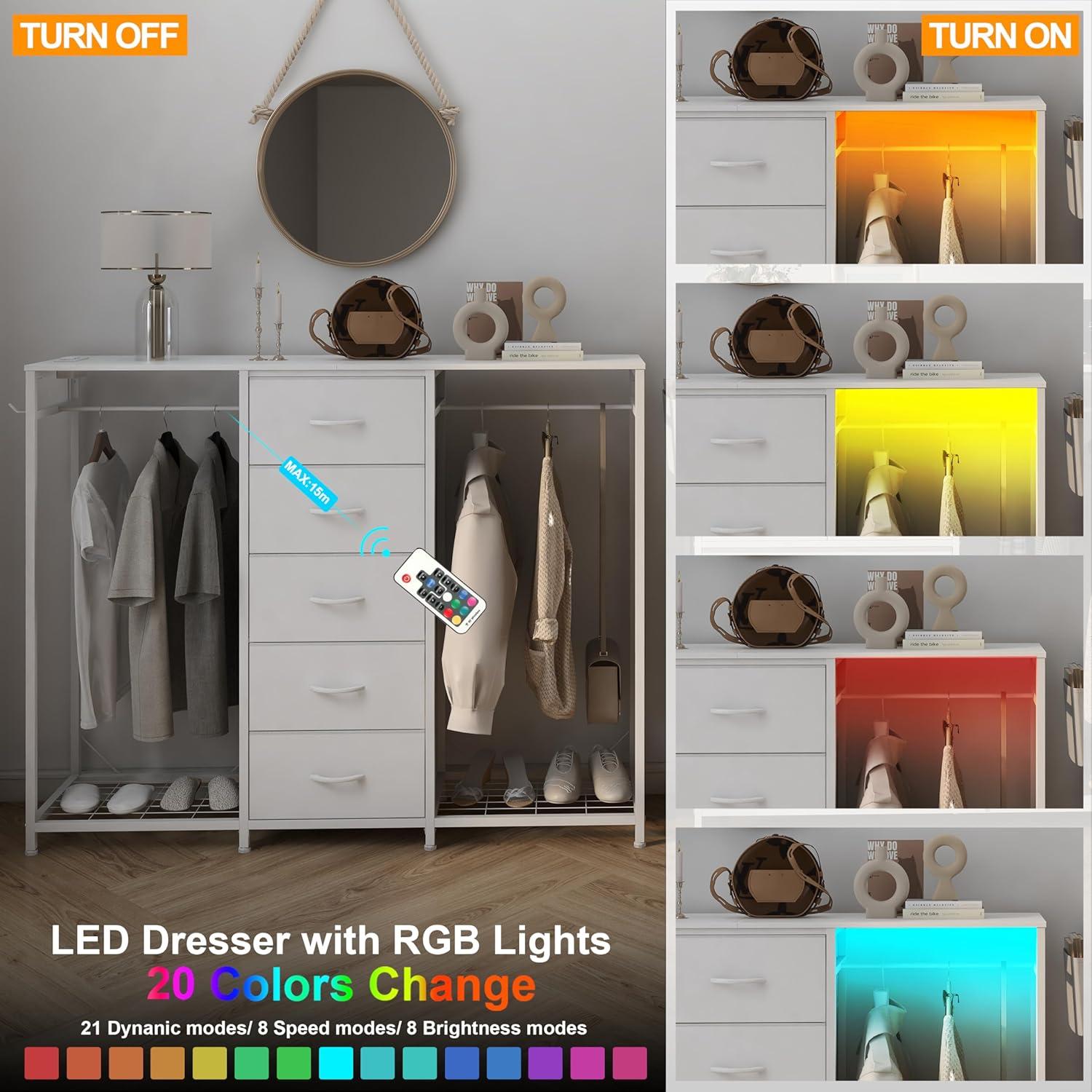 Cómoda blanca Espelism 5 cajones con perchero y luces LED