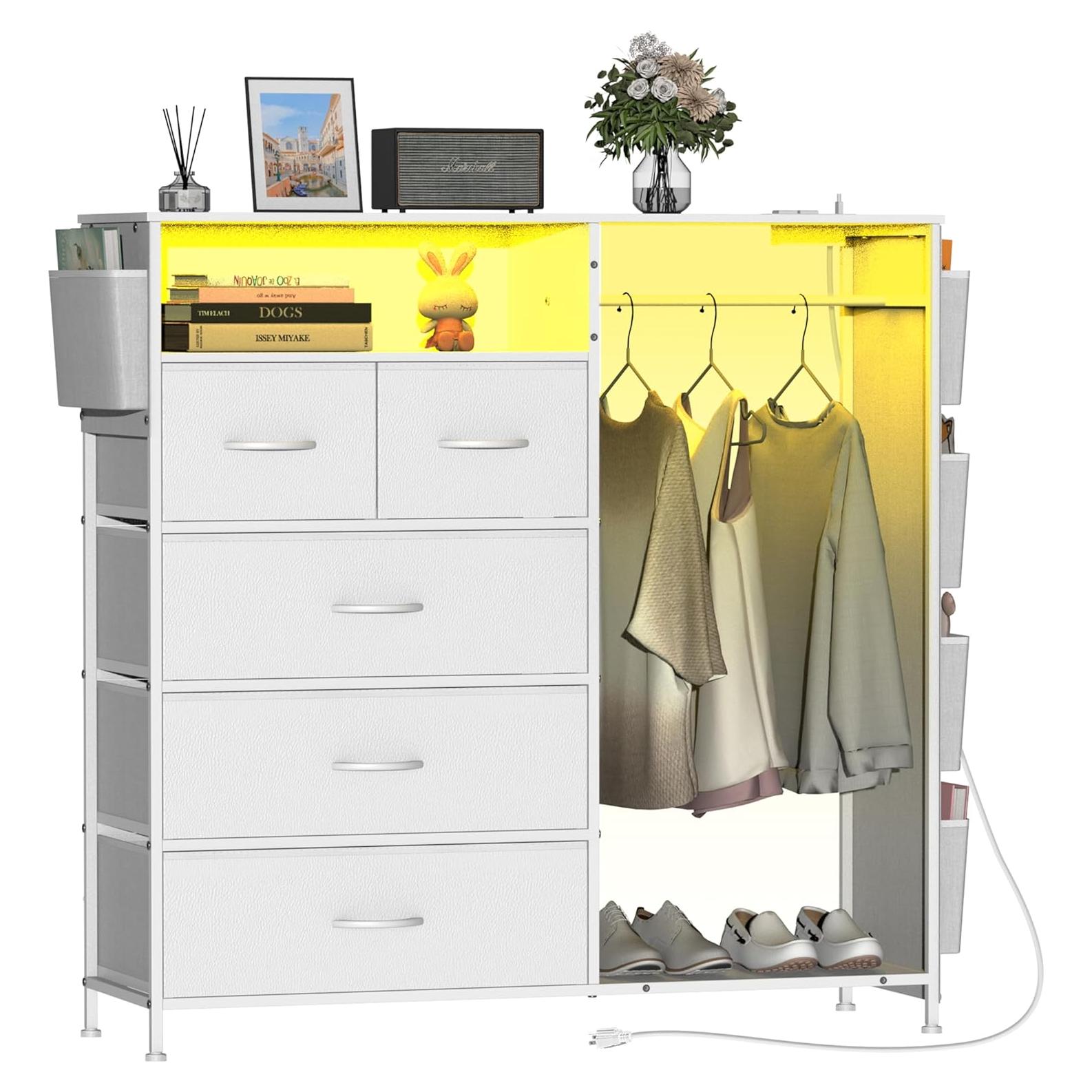 Cómoda blanca Espelism 5 cajones con luces LED y estante