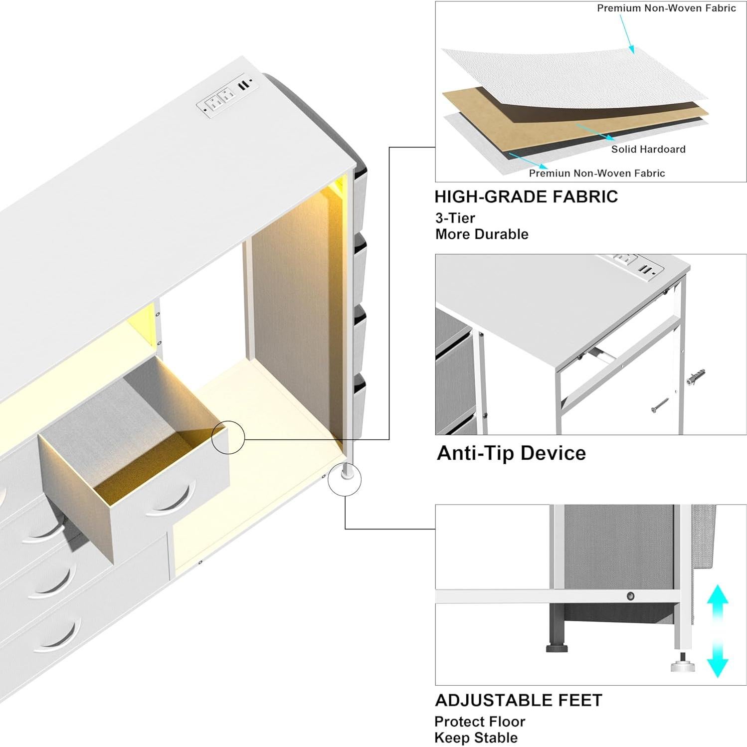 Cómoda blanca Espelism 5 cajones con luces LED y estante