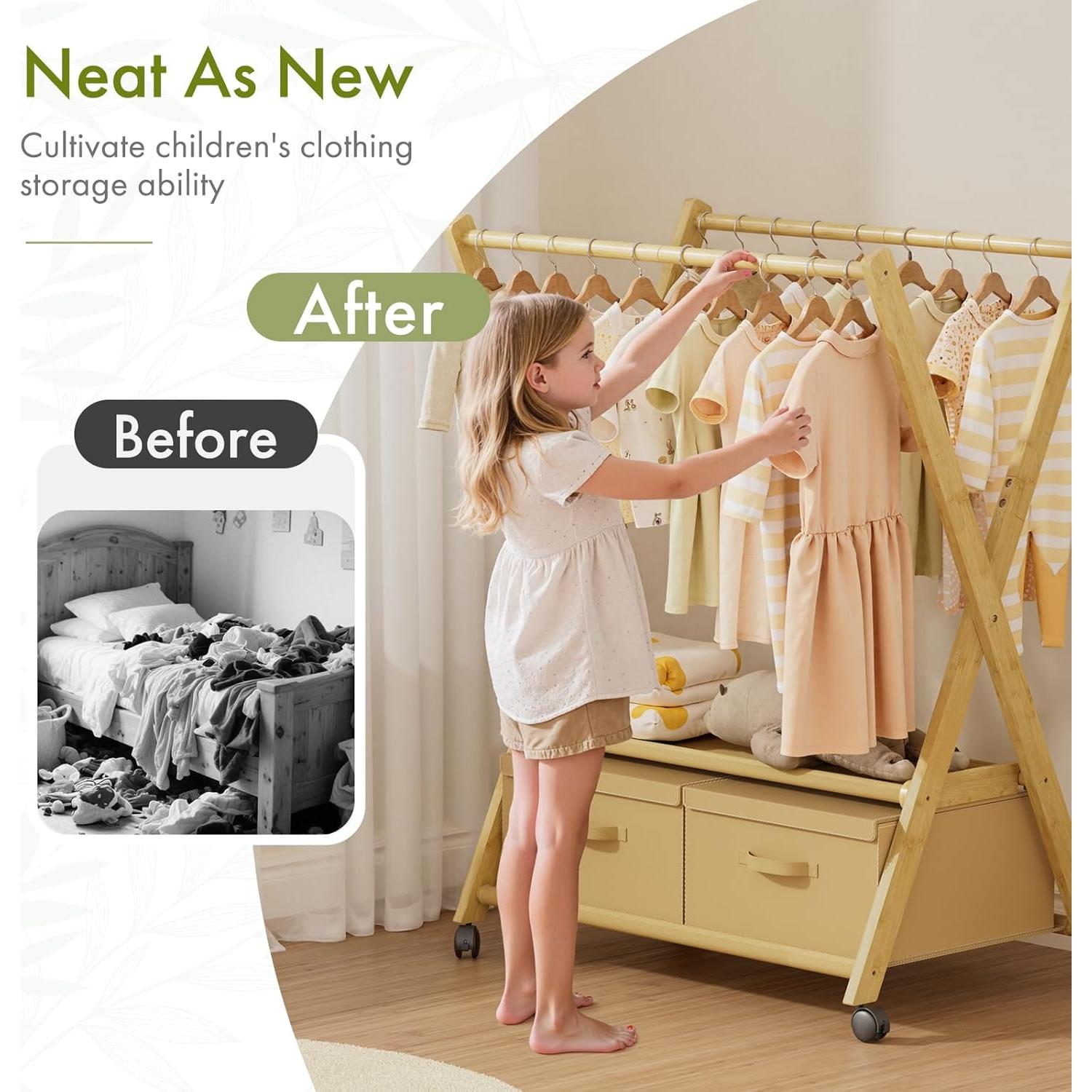 Perchero de Bambú Amazer para Niños con Almacenamiento 88x52cm