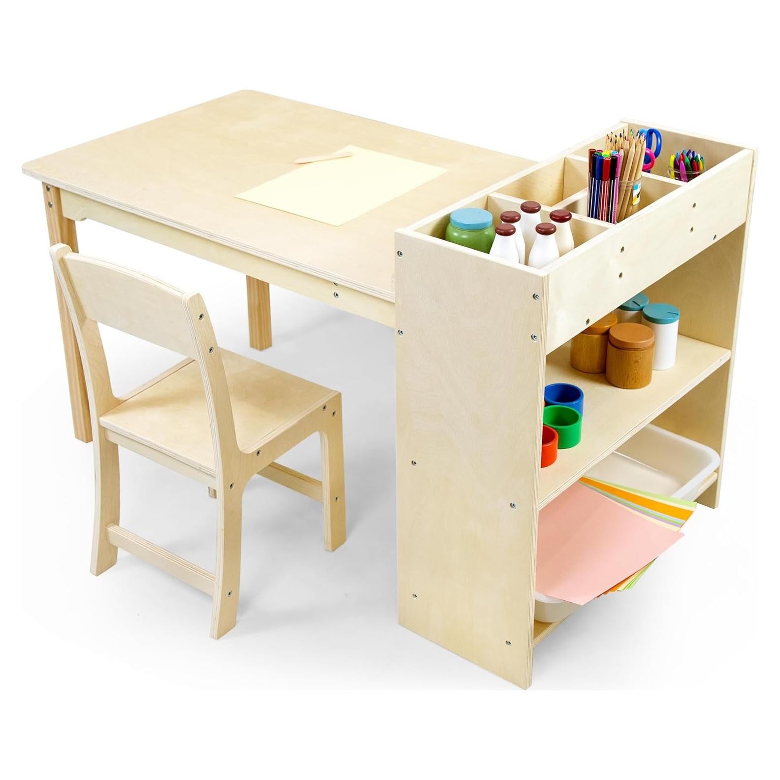 Conjunto de Mesa y Sillas para Niños de Madera Abeto con Almacenamiento