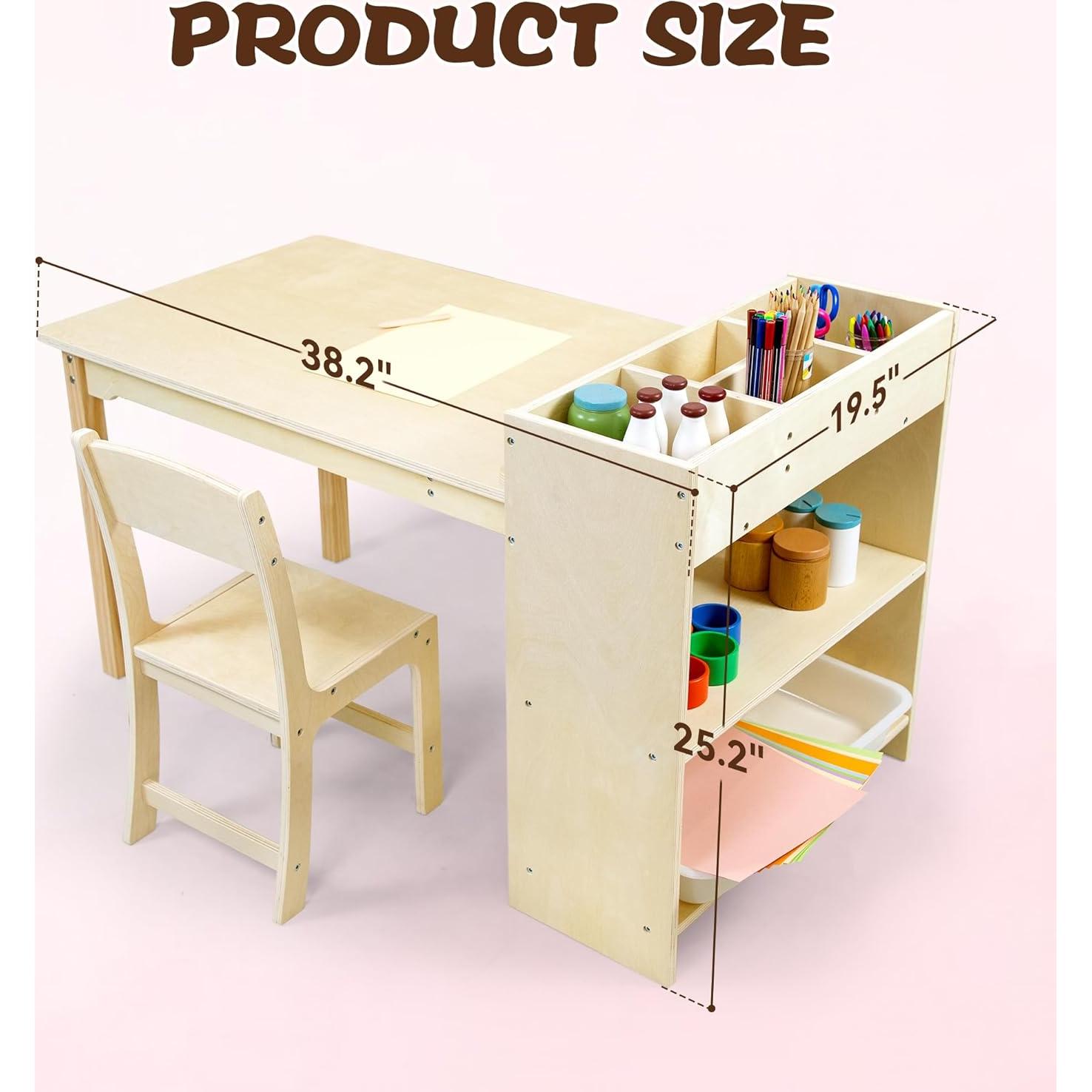 Conjunto de Mesa y Sillas para Niños de Madera Abeto con Almacenamiento