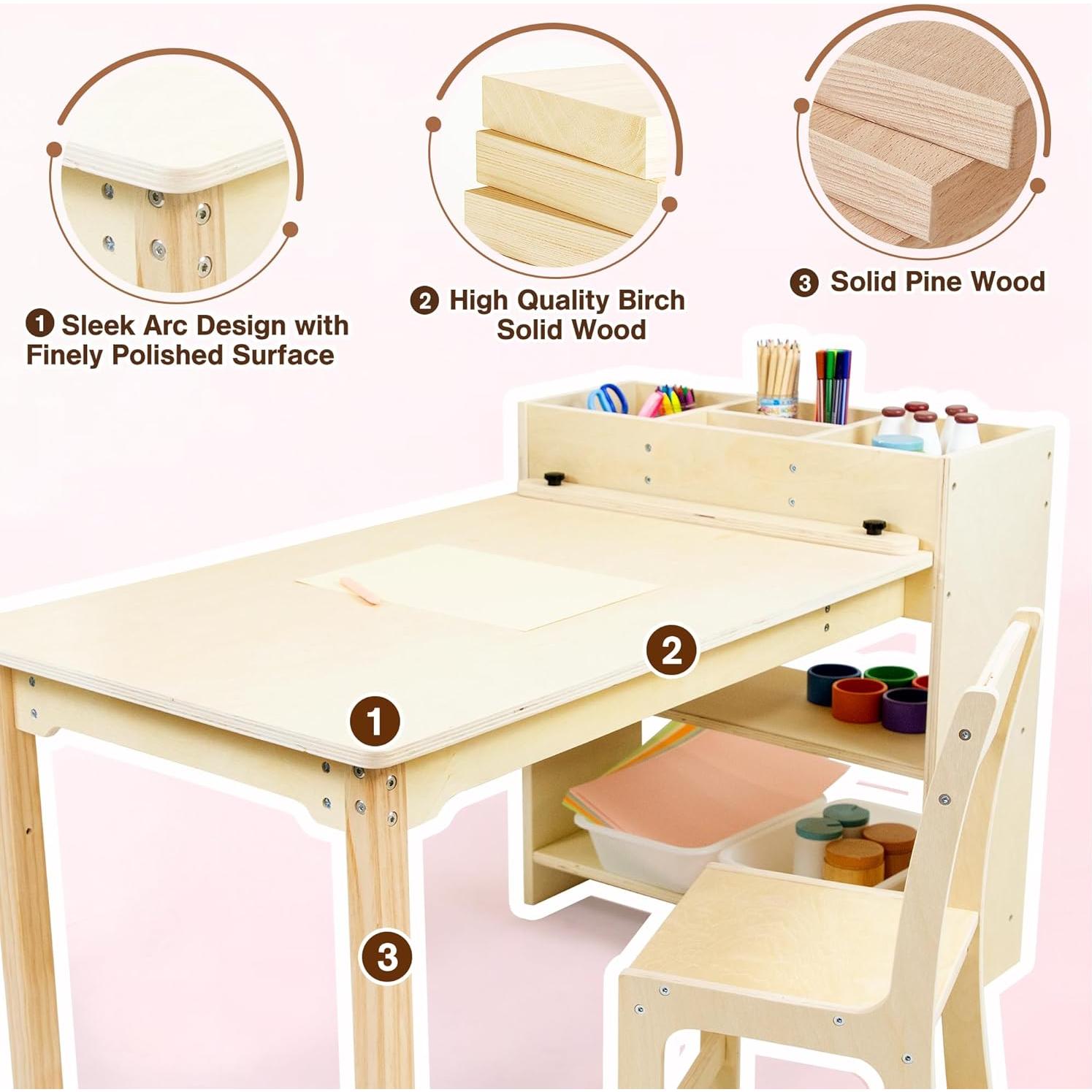 Conjunto de Mesa y Sillas para Niños de Madera Abeto con Almacenamiento