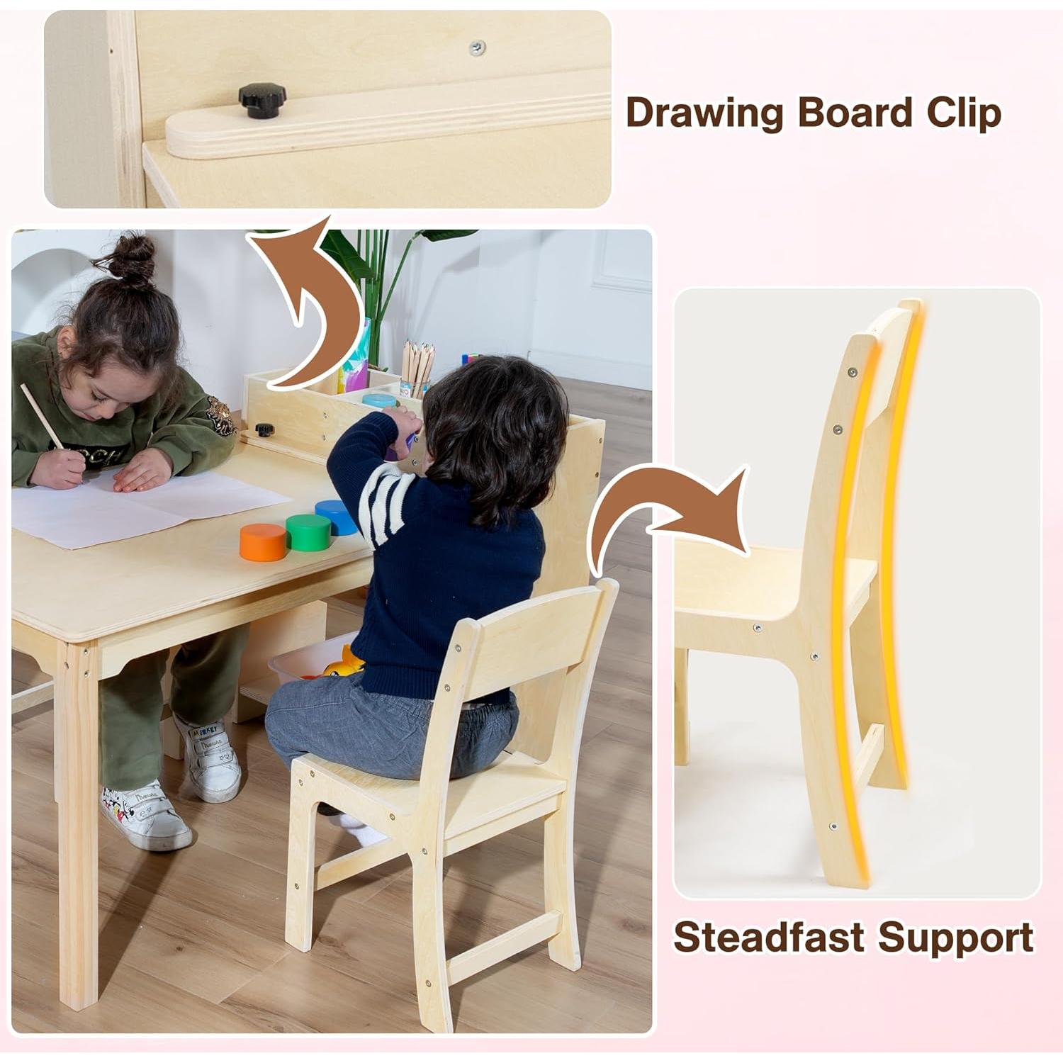 Conjunto de Mesa y Sillas para Niños de Madera Abeto con Almacenamiento