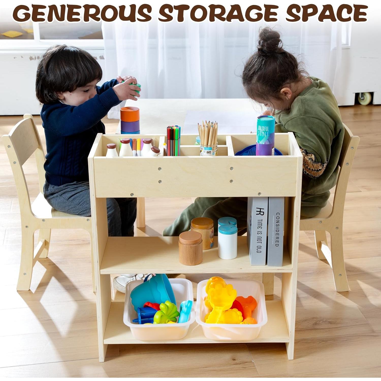 Conjunto de Mesa y Sillas para Niños de Madera Abeto con Almacenamiento