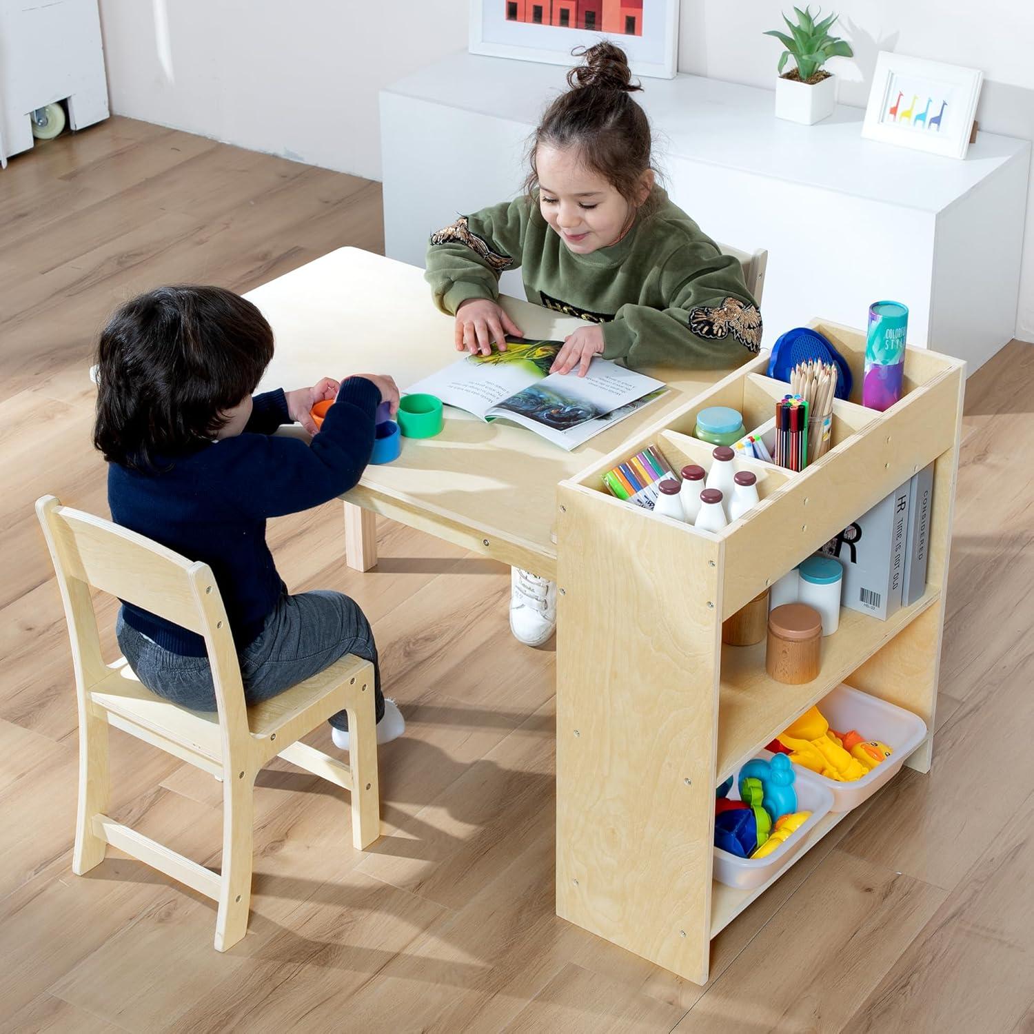 Conjunto de Mesa y Sillas para Niños de Madera Abeto con Almacenamiento