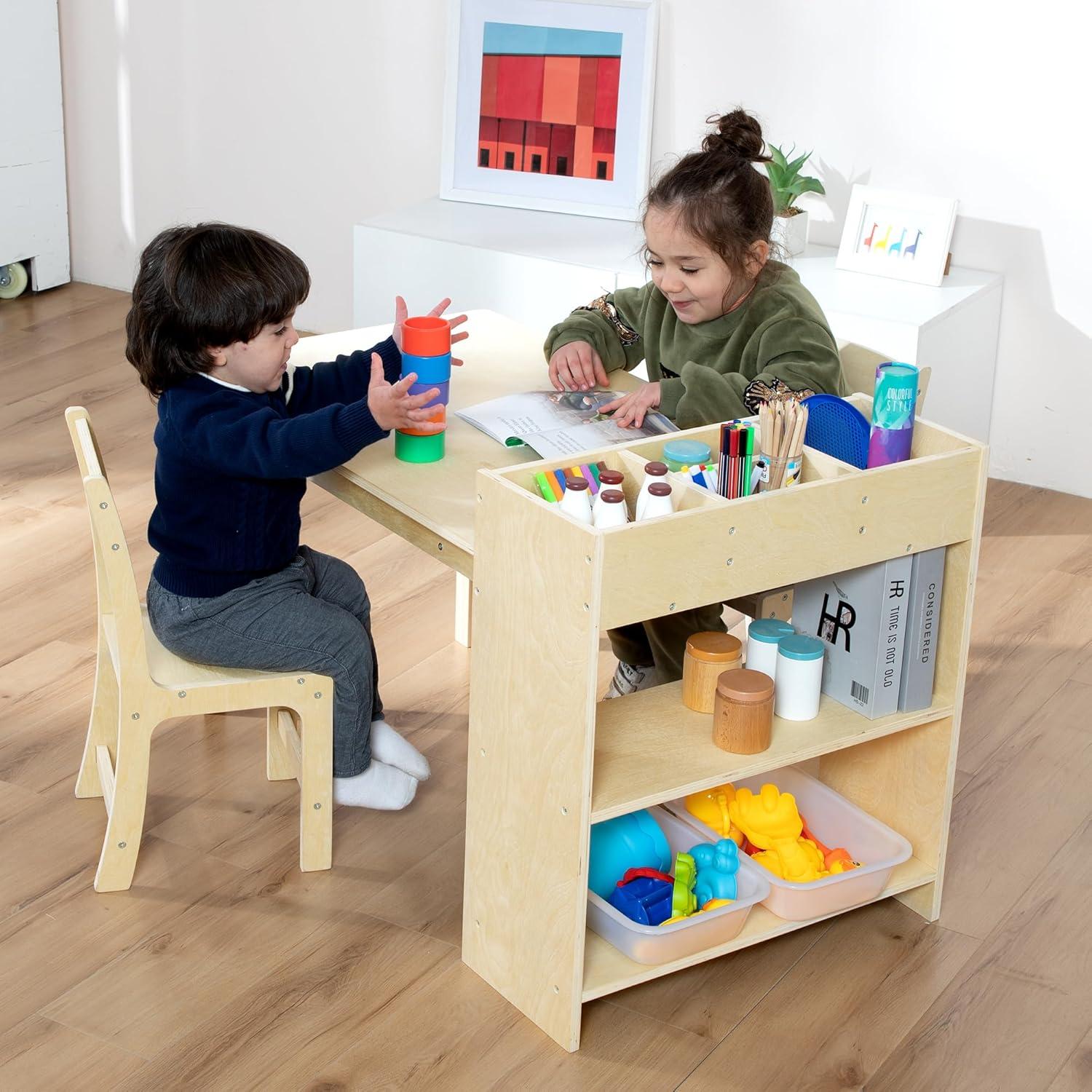 Conjunto de Mesa y Sillas para Niños de Madera Abeto con Almacenamiento