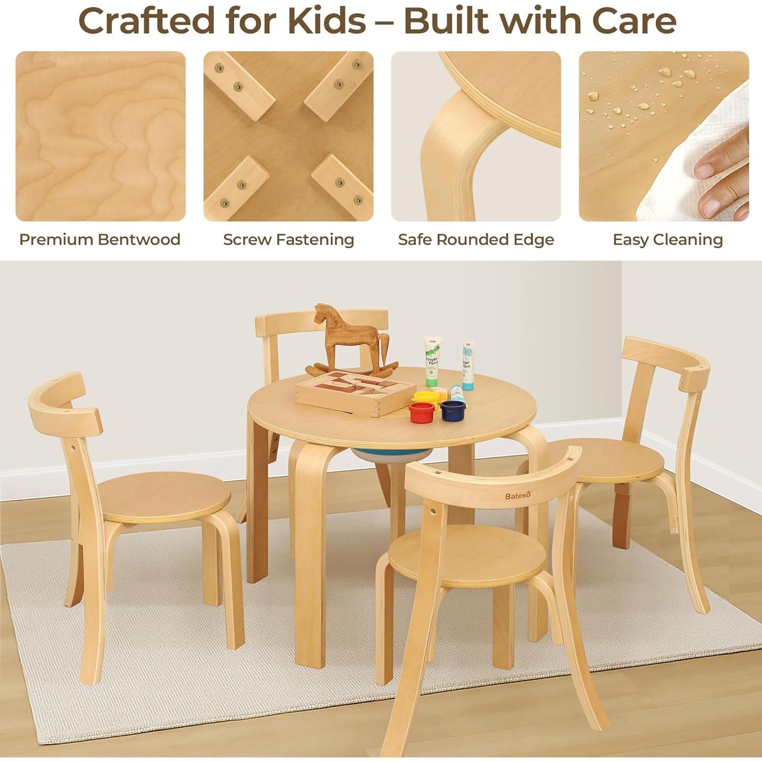 Conjunto Mesa Redonda y 4 Sillas de Madera para Niños