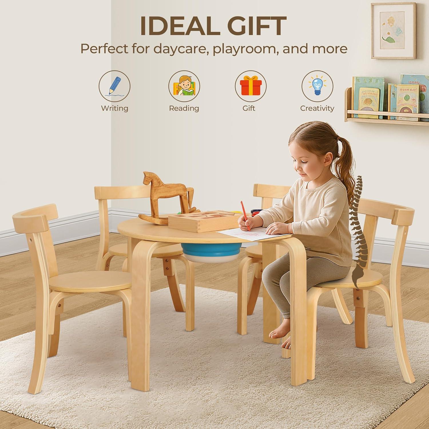 Conjunto Mesa Redonda y 4 Sillas de Madera para Niños