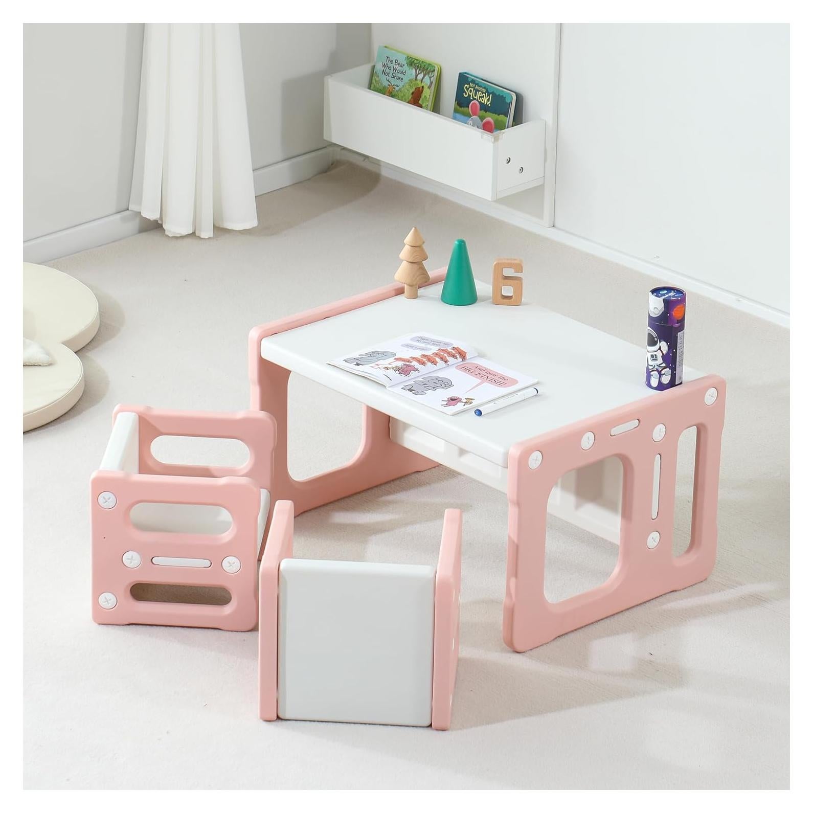 Mesa de Actividades Montessori Rosa 3 en 1 con 2 Sillas