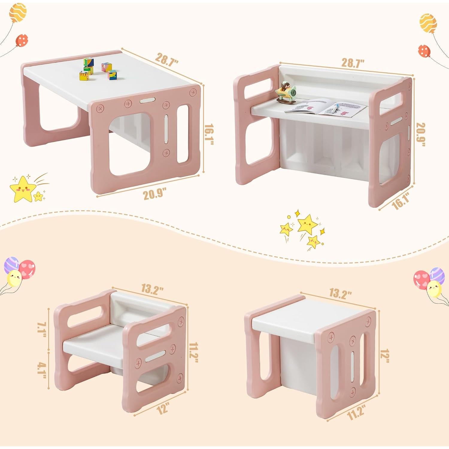 Mesa de Actividades Montessori Rosa 3 en 1 con 2 Sillas