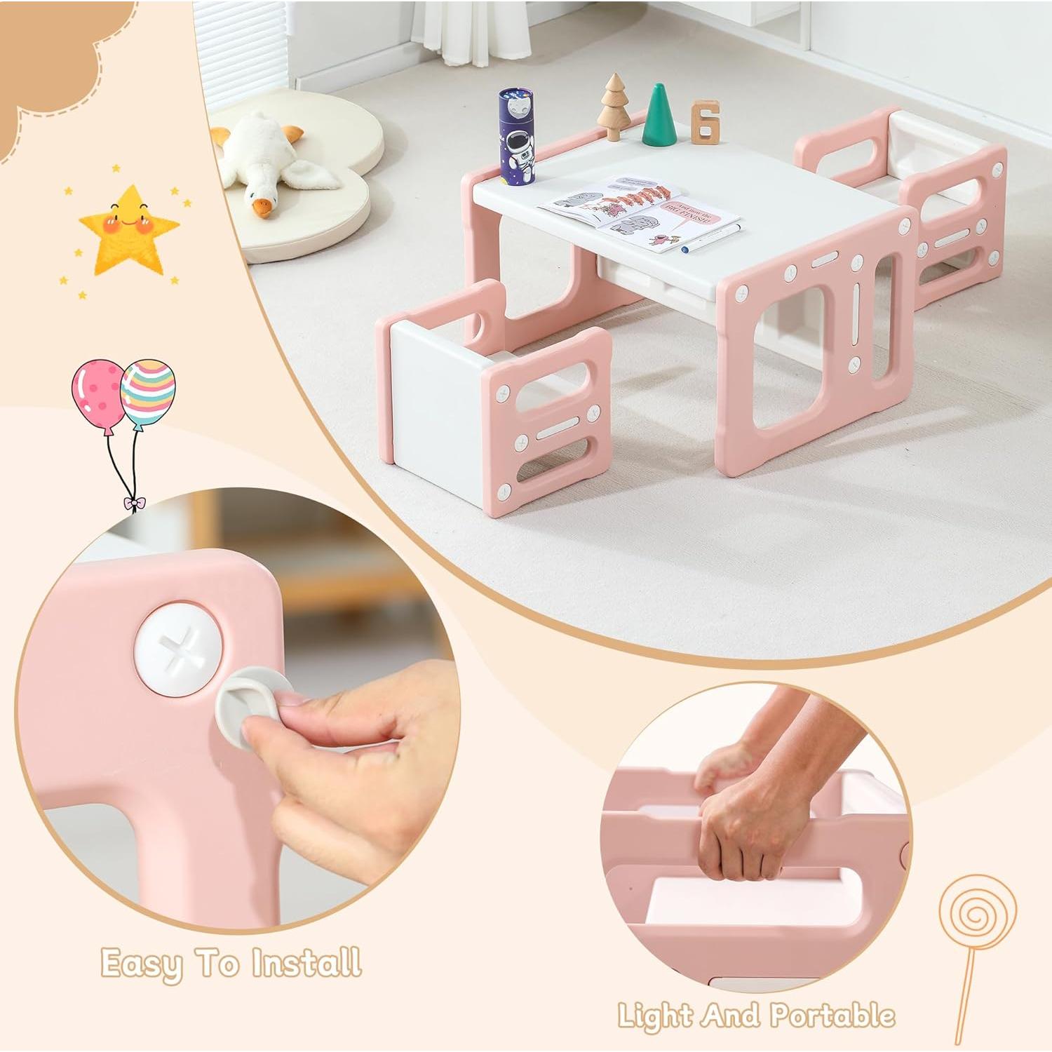 Mesa de Actividades Montessori Rosa 3 en 1 con 2 Sillas