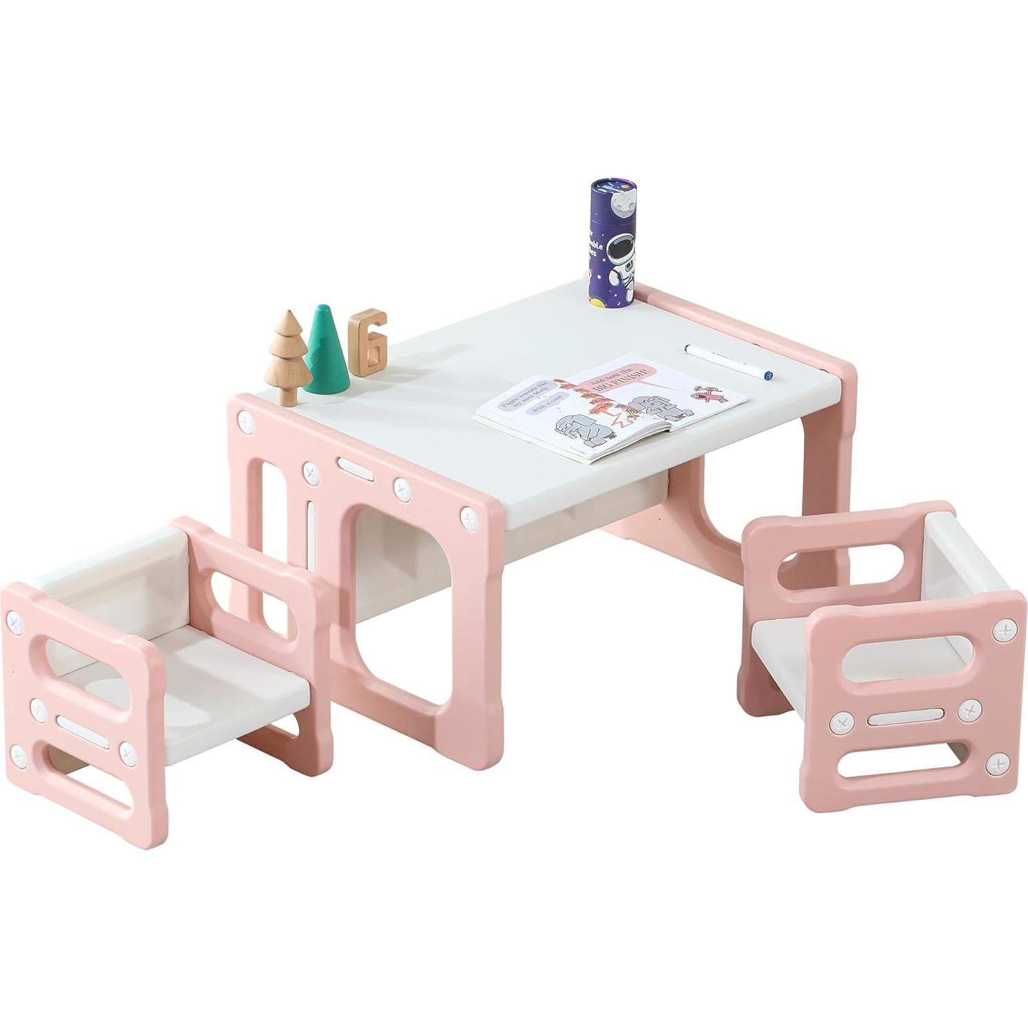 Mesa de Actividades Montessori Rosa 3 en 1 con 2 Sillas