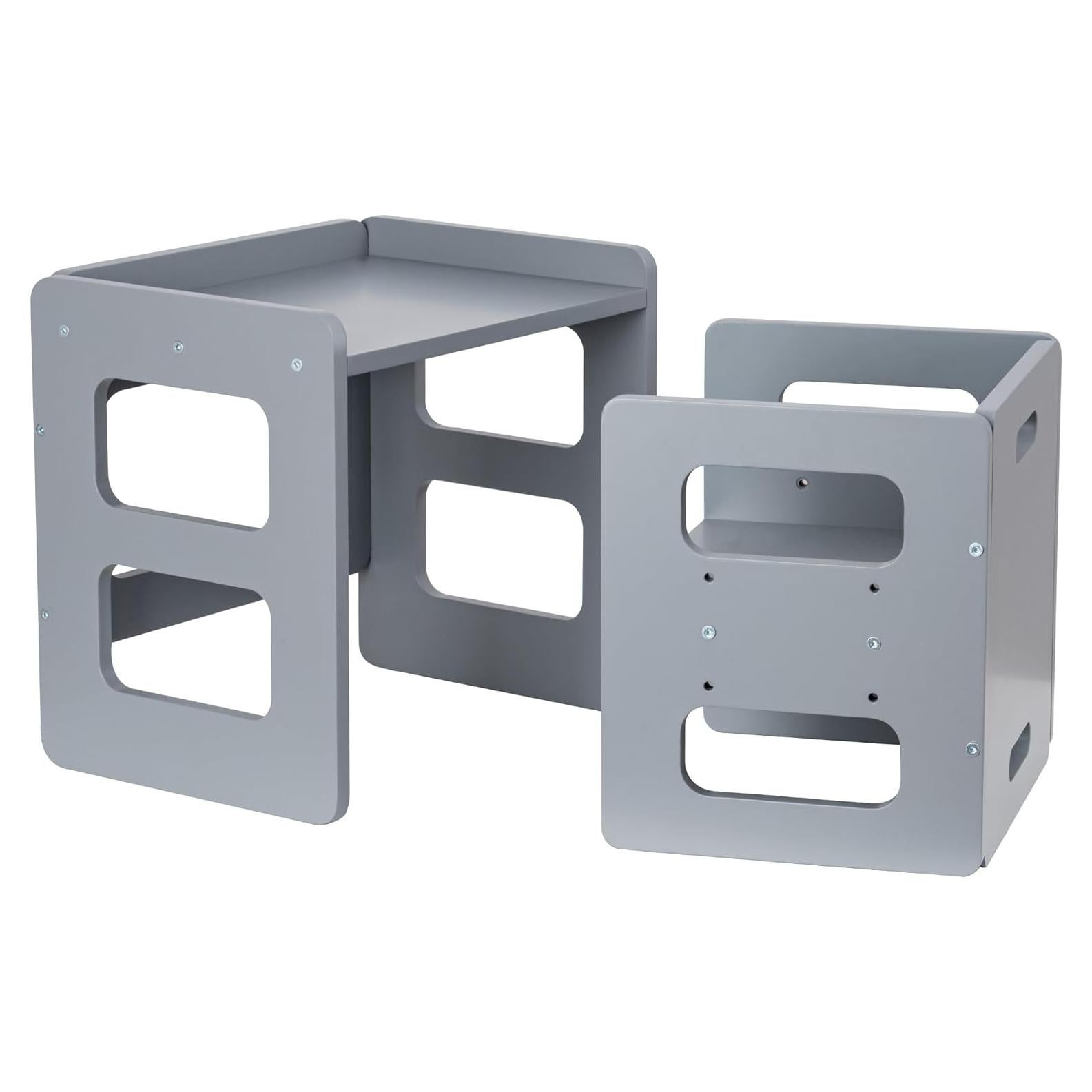 Conjunto Mesa y Silla Montessori Fun Memories - Madera Sólida, Ajustable, Gris