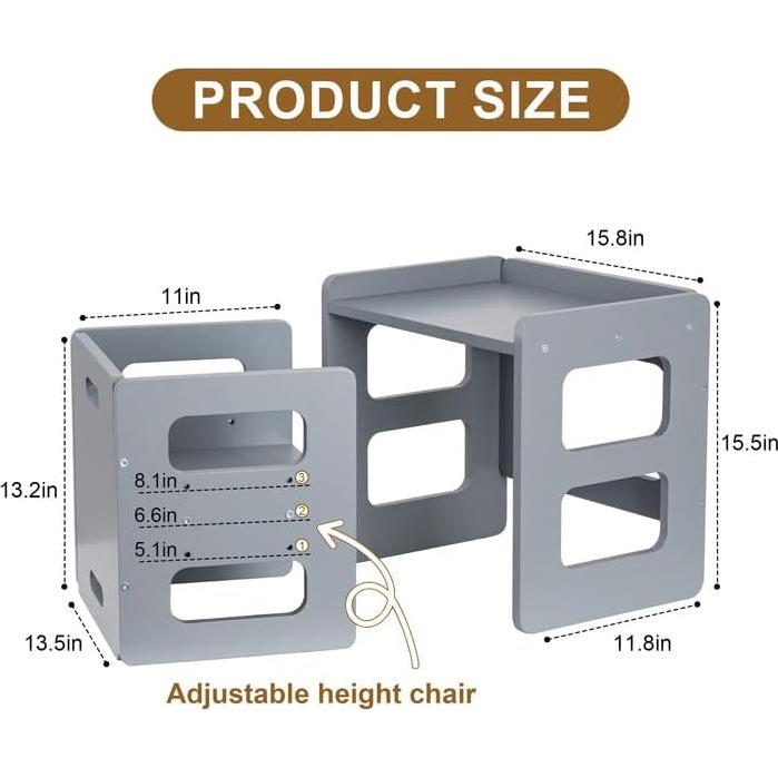 Conjunto Mesa y Silla Montessori Fun Memories - Madera Sólida, Ajustable, Gris