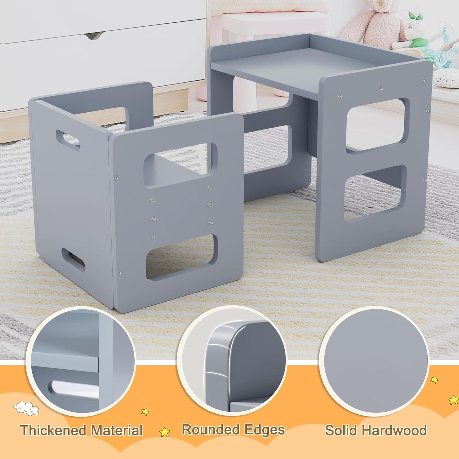Conjunto Mesa y Silla Montessori Fun Memories - Madera Sólida, Ajustable, Gris