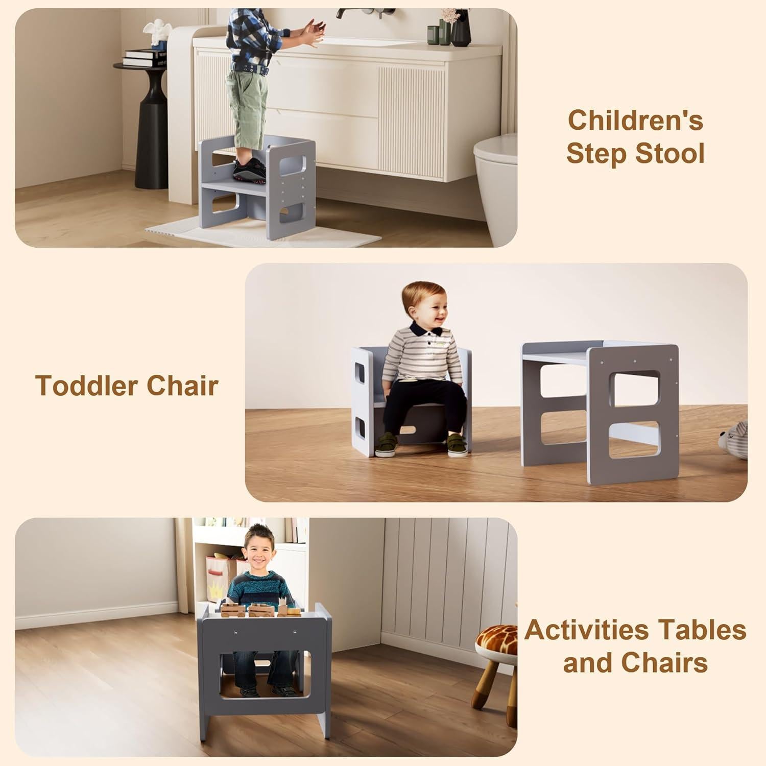 Conjunto Mesa y Silla Montessori Fun Memories - Madera Sólida, Ajustable, Gris