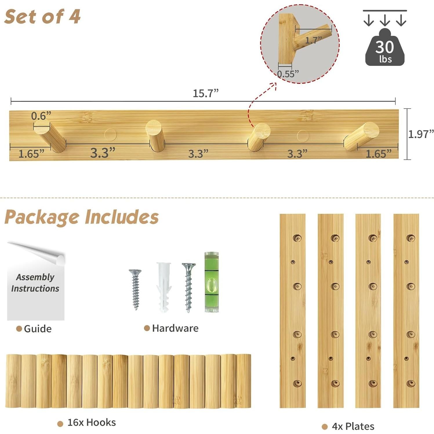 Perchero de Madera Natural Forbena Set de 4 Ganchos 16 Ganchos
