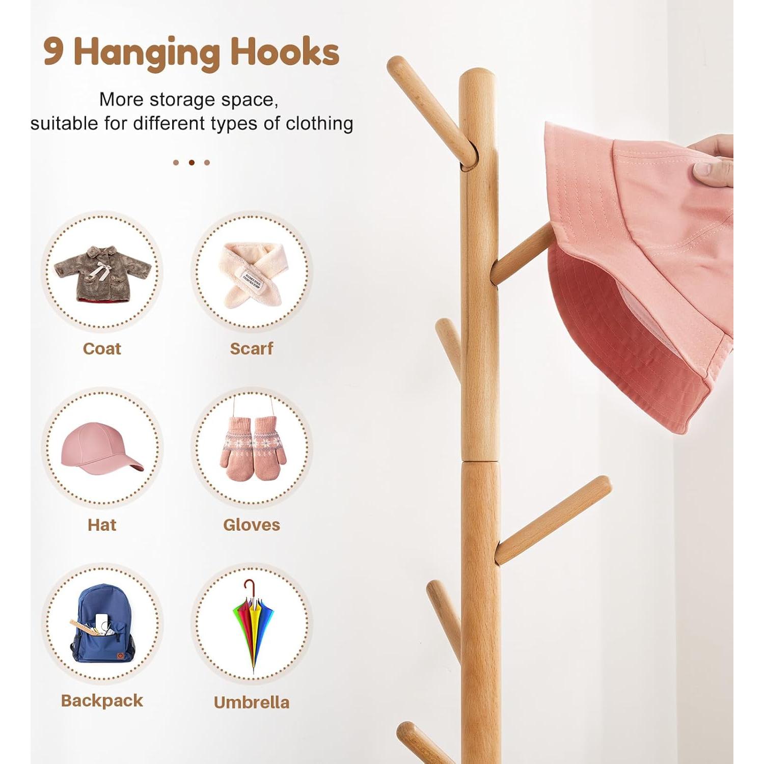 Perchero Infantil de Madera Haya Cozivolife 9 Ganchos Ajustable