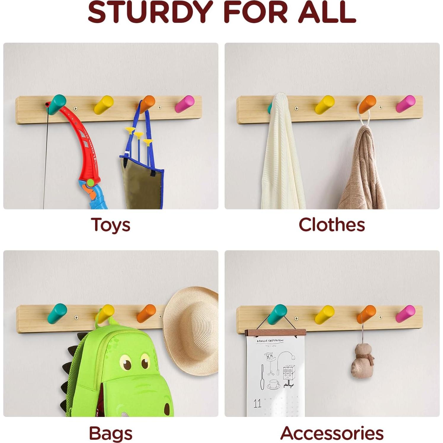 Perchero de Madera Sólida Monlúrd 4 Ganchos Montado en Pared