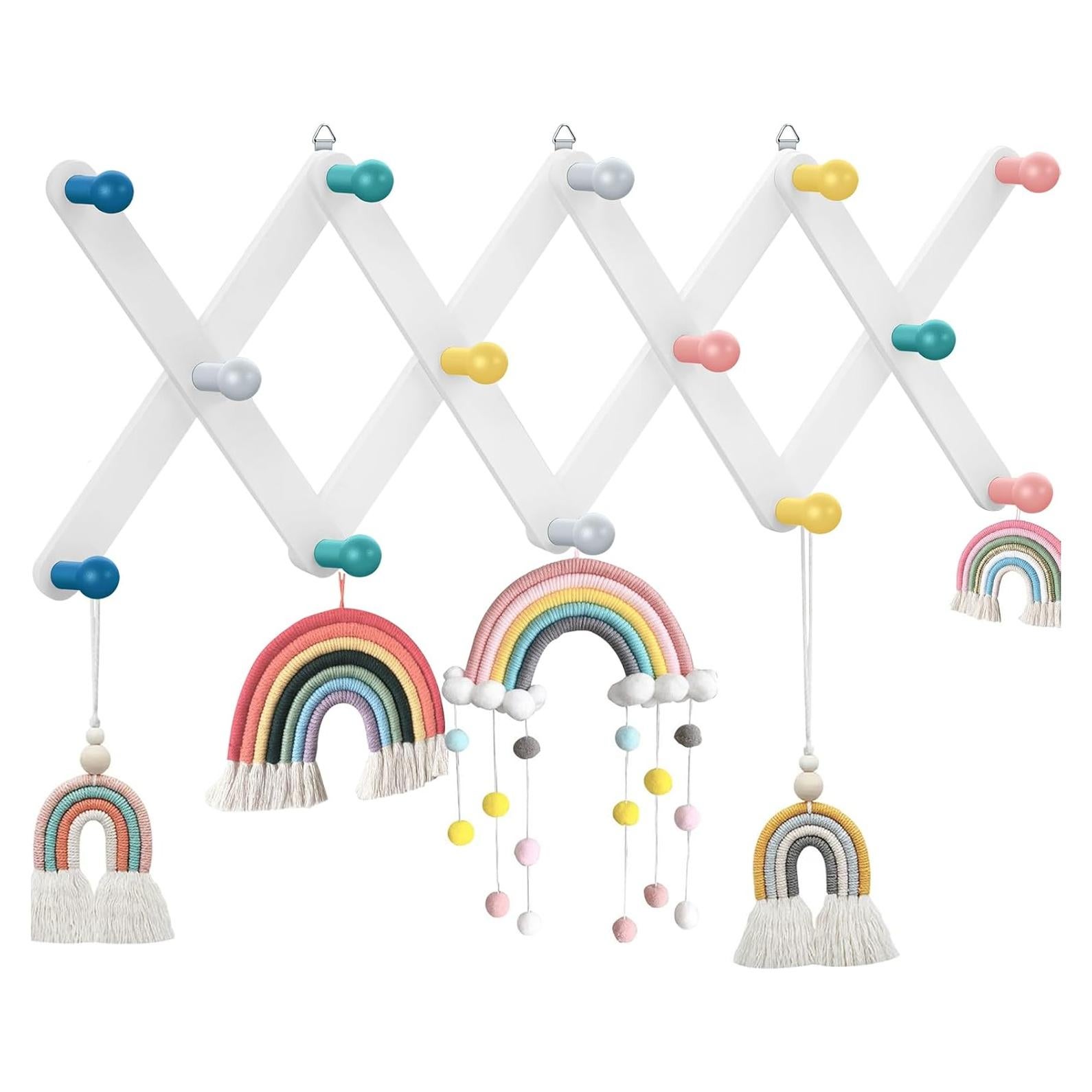 Suzile Kids Coat Rack Wall Mount Expandable Toddler Wooden Hanger Cute Coat Rack Rainbow Accordion Wall Hanger for Kids Children Hanging Backpack Bedroom Classroom Hat Clothes (Soft Color)