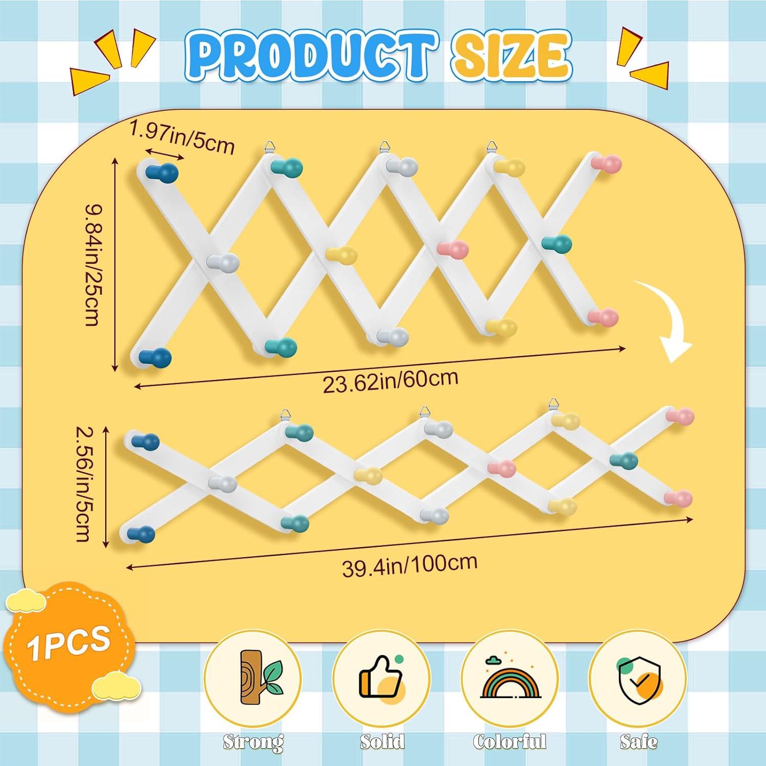 Suzile Kids Coat Rack Wall Mount Expandable Toddler Wooden Hanger Cute Coat Rack Rainbow Accordion Wall Hanger for Kids Children Hanging Backpack Bedroom Classroom Hat Clothes (Soft Color)