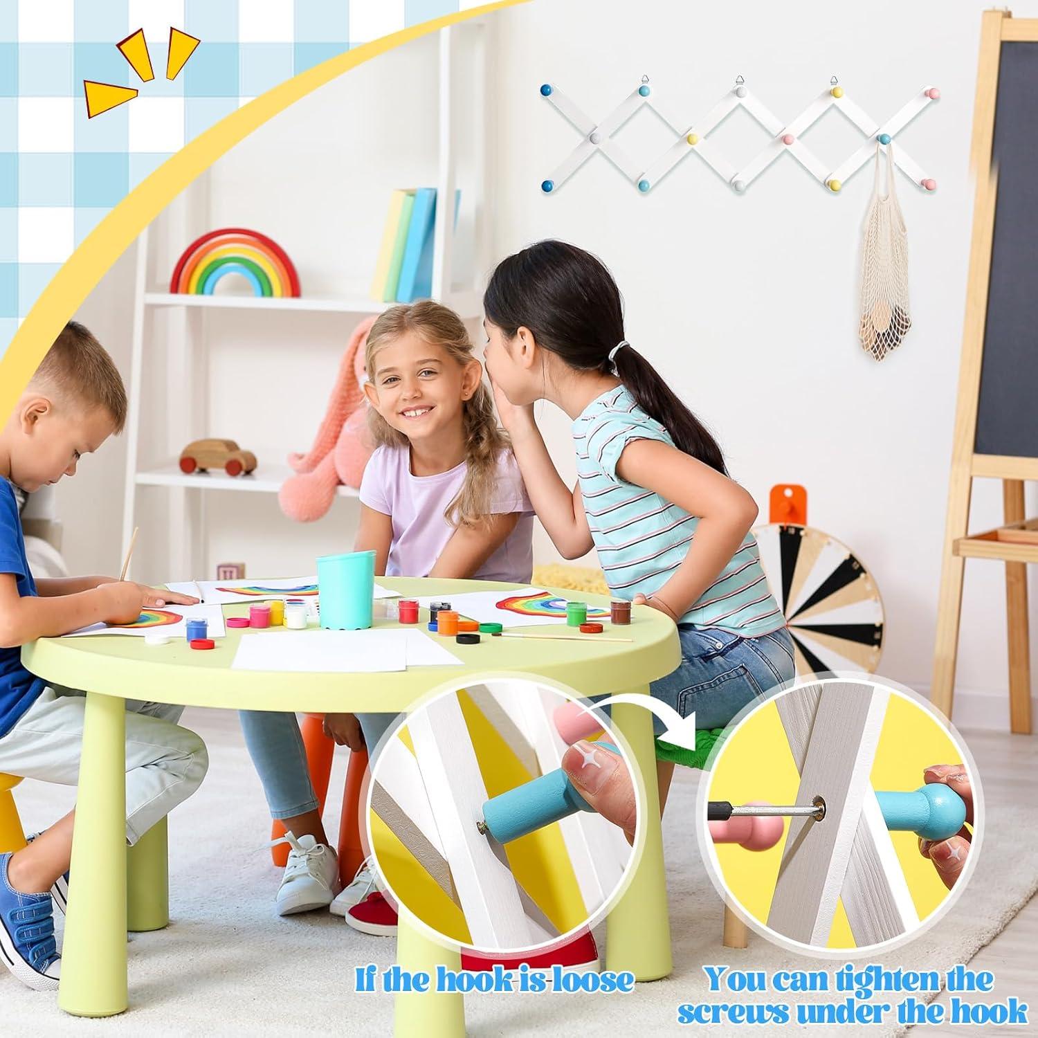 Suzile Kids Coat Rack Wall Mount Expandable Toddler Wooden Hanger Cute Coat Rack Rainbow Accordion Wall Hanger for Kids Children Hanging Backpack Bedroom Classroom Hat Clothes (Soft Color)