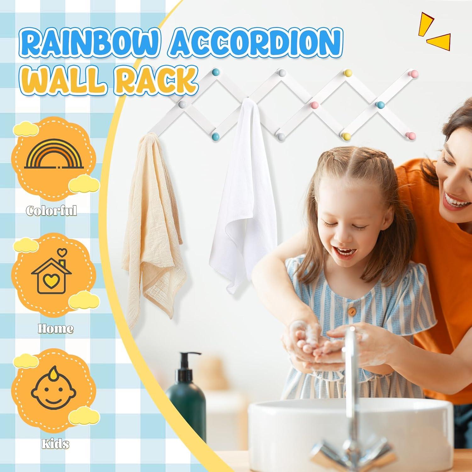 Suzile Kids Coat Rack Wall Mount Expandable Toddler Wooden Hanger Cute Coat Rack Rainbow Accordion Wall Hanger for Kids Children Hanging Backpack Bedroom Classroom Hat Clothes (Soft Color)
