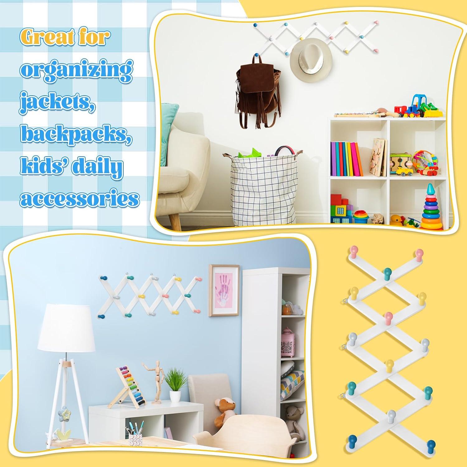 Suzile Kids Coat Rack Wall Mount Expandable Toddler Wooden Hanger Cute Coat Rack Rainbow Accordion Wall Hanger for Kids Children Hanging Backpack Bedroom Classroom Hat Clothes (Soft Color)