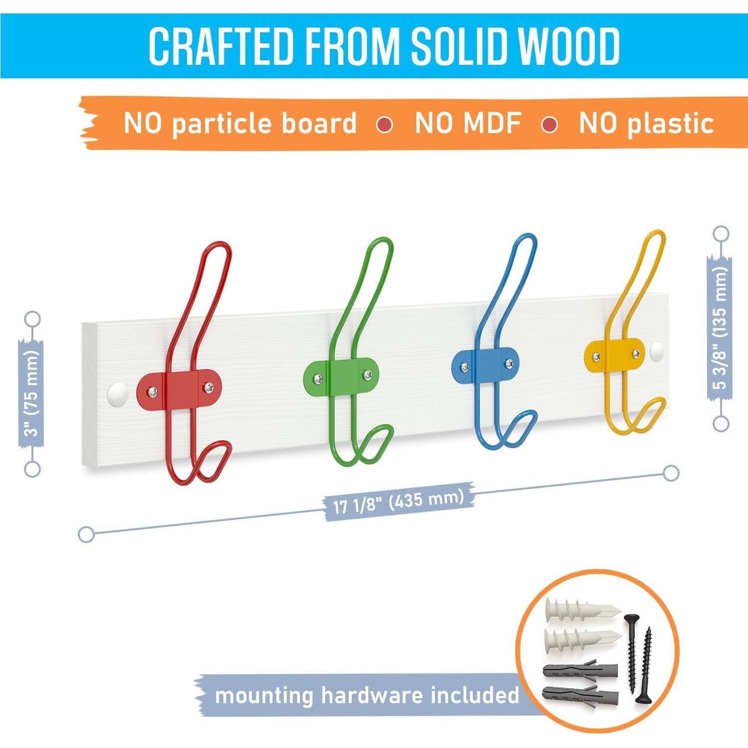 Perchero de Pared para Niños Tibres - 4 Ganchos Coloridos de Madera