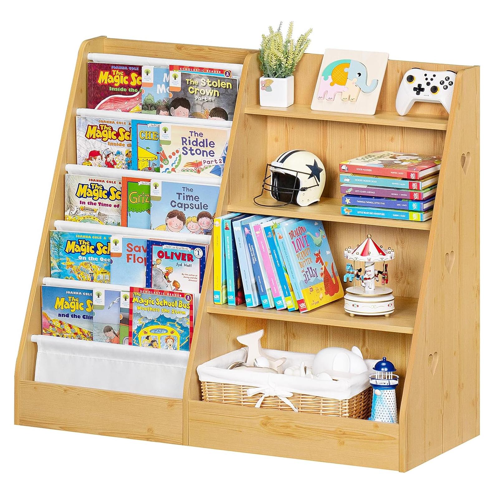 Lerliuo 4 Tier Kids Bookshelf and Storage Organizer, Five Layer Sling Children Bookcase, Baby Toddler Wooden Book Shelf, Display Cabinet for Playroom, Bedroom, Classroom, Nursery, School (Natural)