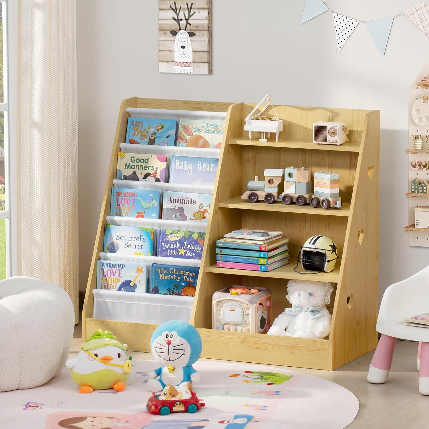 Lerliuo 4 Tier Kids Bookshelf and Storage Organizer, Five Layer Sling Children Bookcase, Baby Toddler Wooden Book Shelf, Display Cabinet for Playroom, Bedroom, Classroom, Nursery, School (Natural)