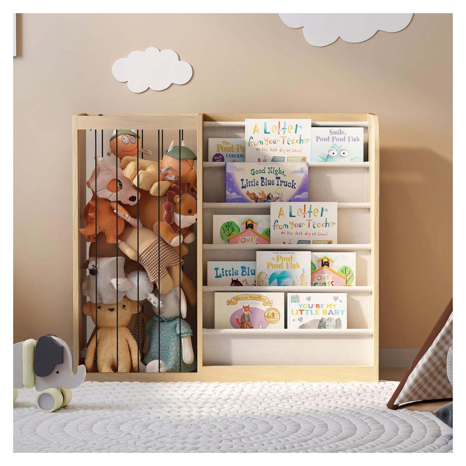 NACHES Kids Bookshelf & Stuffed Animal Net Holder 5 Tier Sling Bookshelf and Plush Toy Storage Organizer with Elastic Cord Montessori Toddler Bookcase for Kids Rooms Playroom Bedroom Nursery, Natural