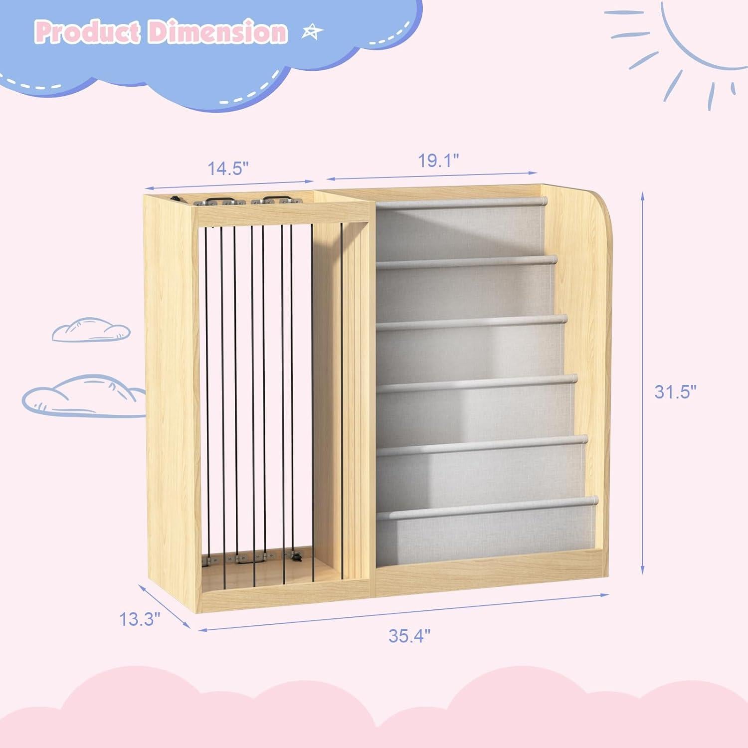 NACHES Kids Bookshelf & Stuffed Animal Net Holder 5 Tier Sling Bookshelf and Plush Toy Storage Organizer with Elastic Cord Montessori Toddler Bookcase for Kids Rooms Playroom Bedroom Nursery, Natural