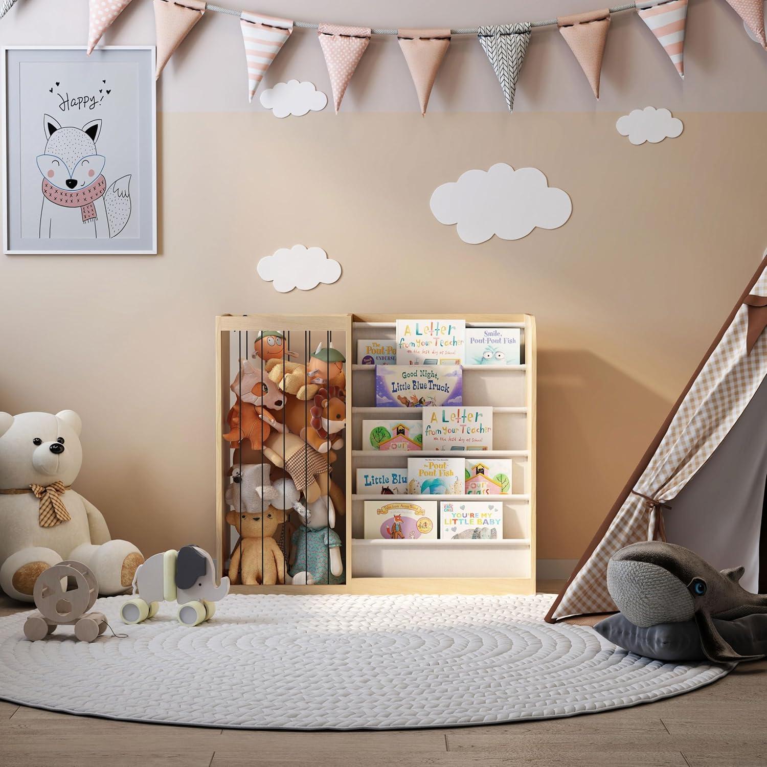NACHES Kids Bookshelf & Stuffed Animal Net Holder 5 Tier Sling Bookshelf and Plush Toy Storage Organizer with Elastic Cord Montessori Toddler Bookcase for Kids Rooms Playroom Bedroom Nursery, Natural