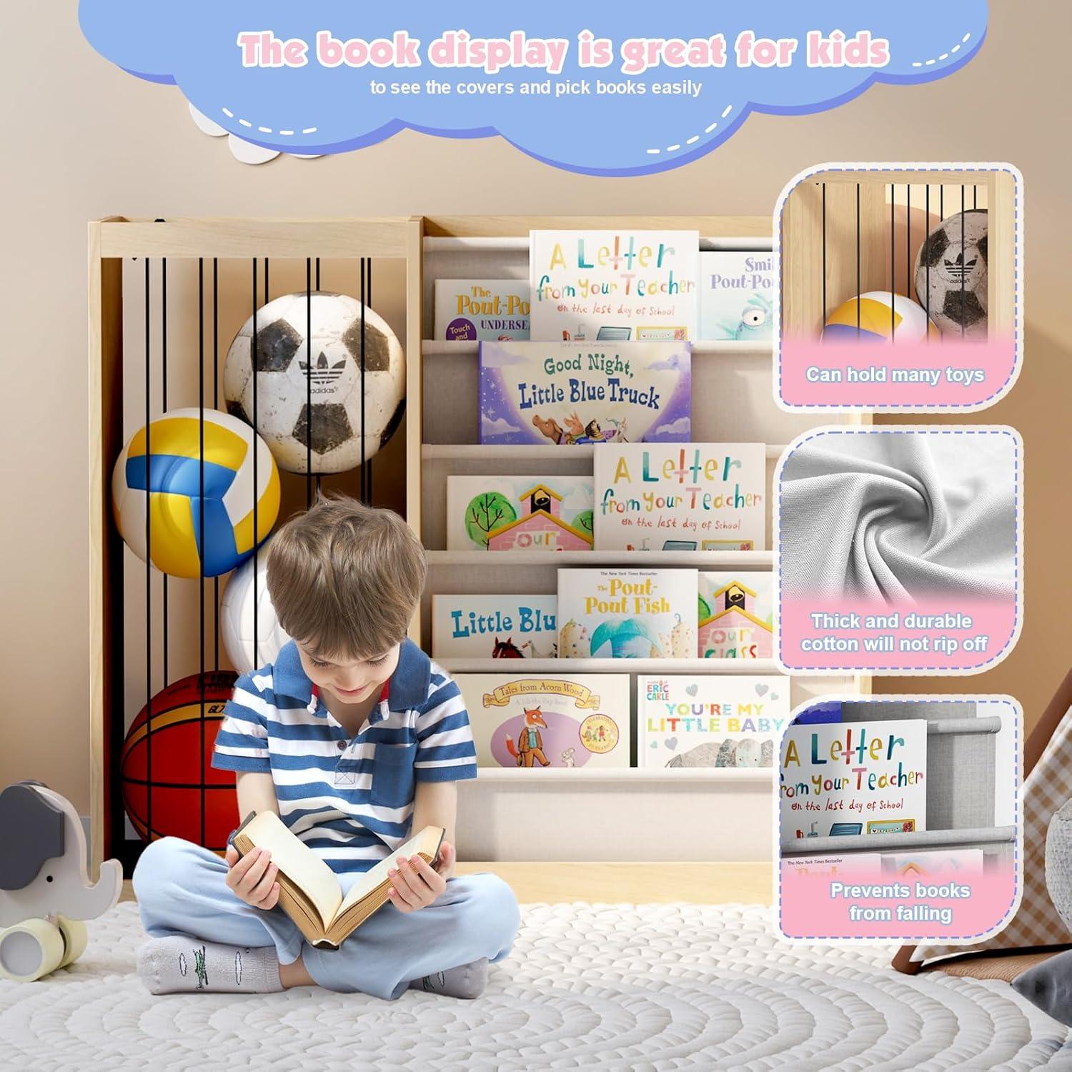 NACHES Kids Bookshelf & Stuffed Animal Net Holder 5 Tier Sling Bookshelf and Plush Toy Storage Organizer with Elastic Cord Montessori Toddler Bookcase for Kids Rooms Playroom Bedroom Nursery, Natural