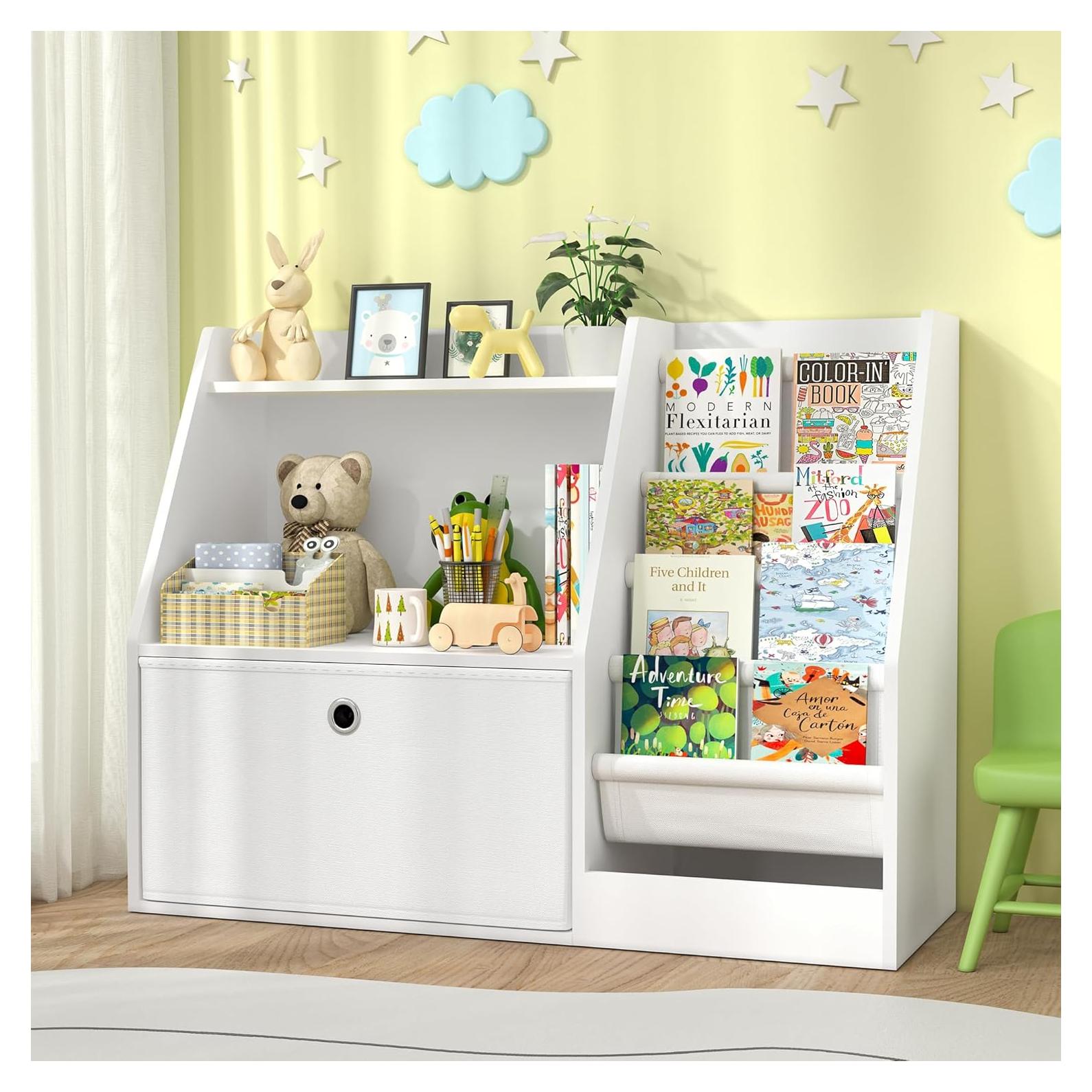 Estantería para Niños TOETOL, Librero Blanco 2 Niveles 4 Bolsillos