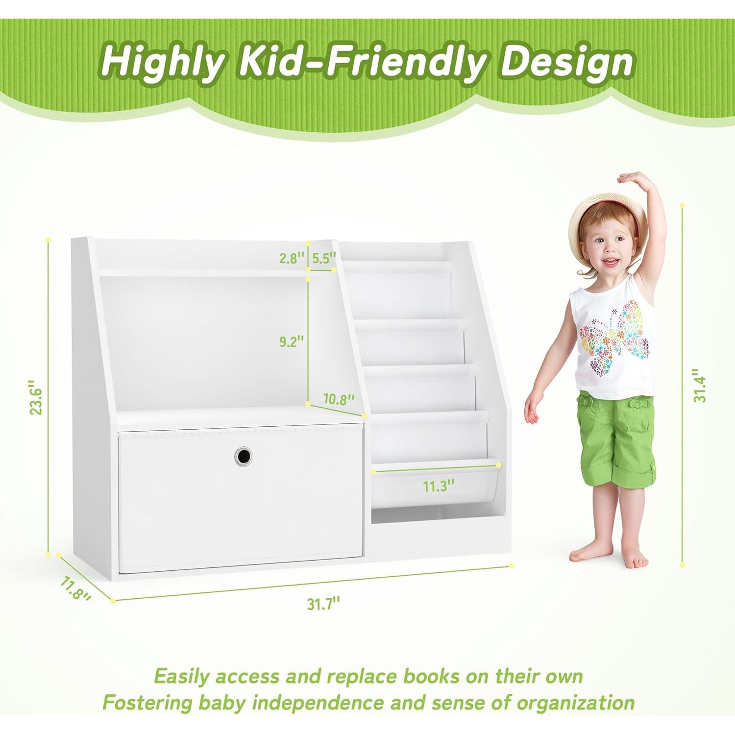 Estantería para Niños TOETOL, Librero Blanco 2 Niveles 4 Bolsillos