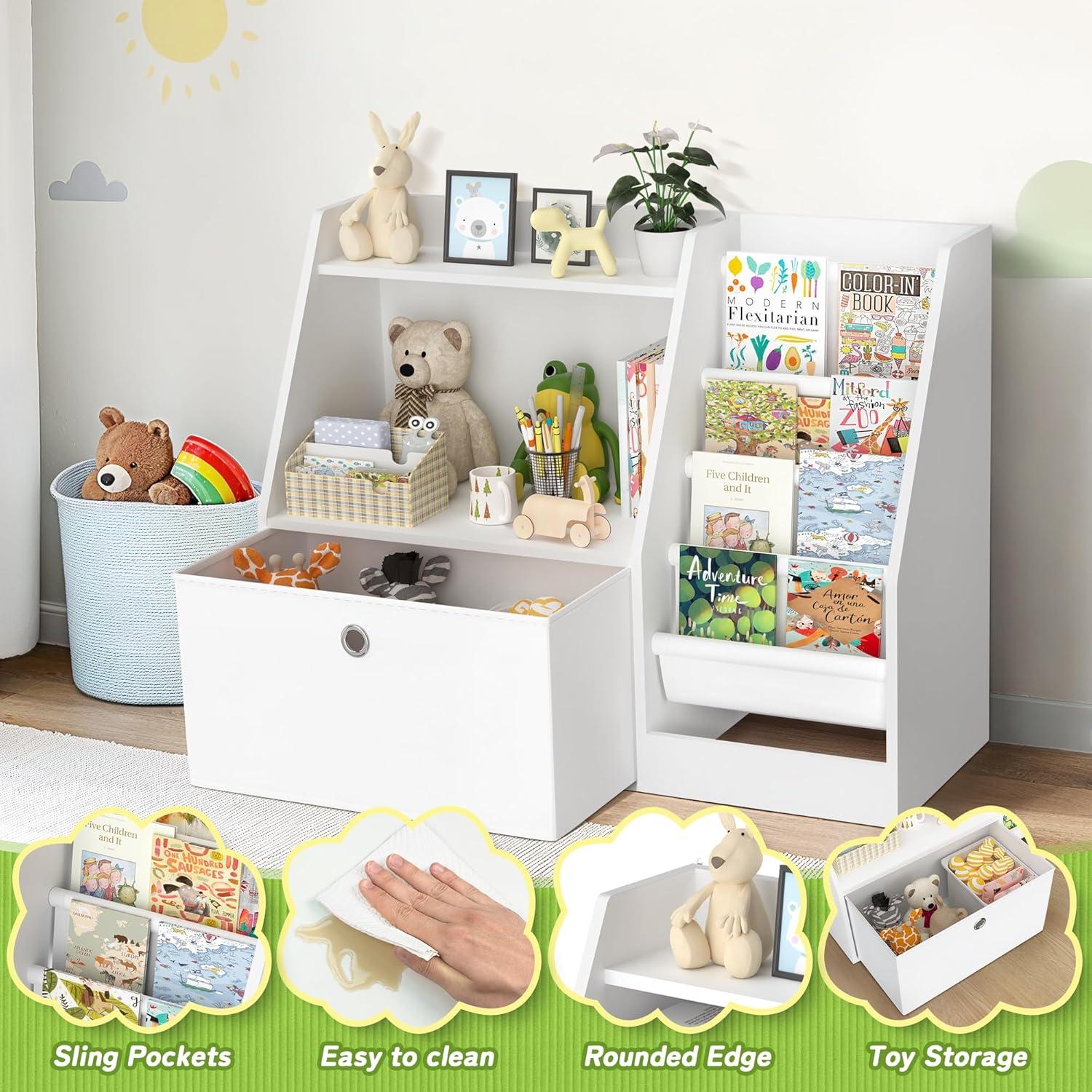 Estantería para Niños TOETOL, Librero Blanco 2 Niveles 4 Bolsillos
