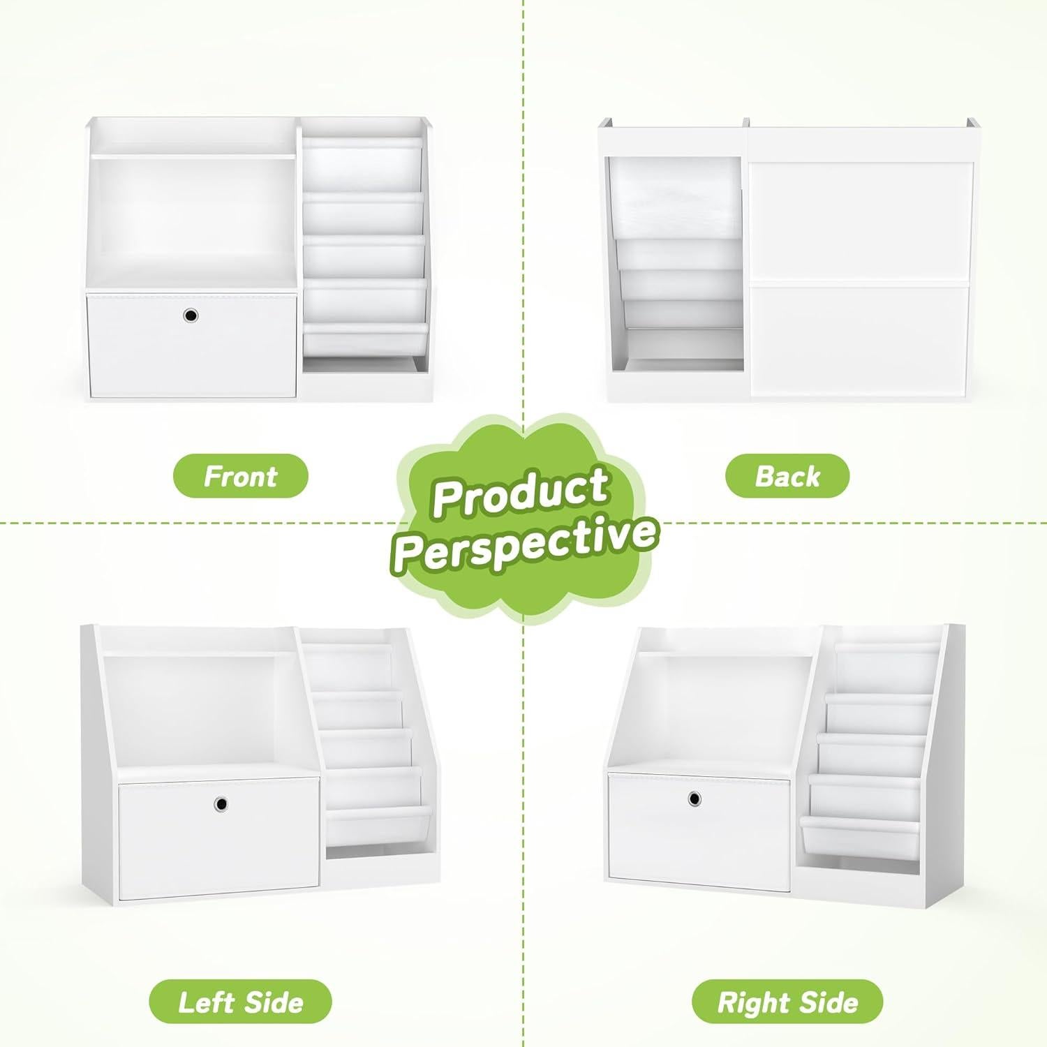 Estantería para Niños TOETOL, Librero Blanco 2 Niveles 4 Bolsillos