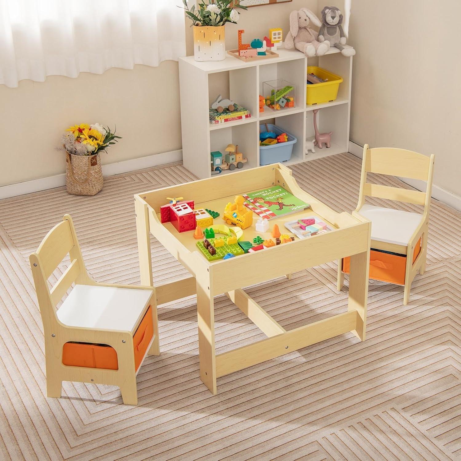 Conjunto de Mesa y Sillas para Niños Fireflowery 3 en 1 Natural