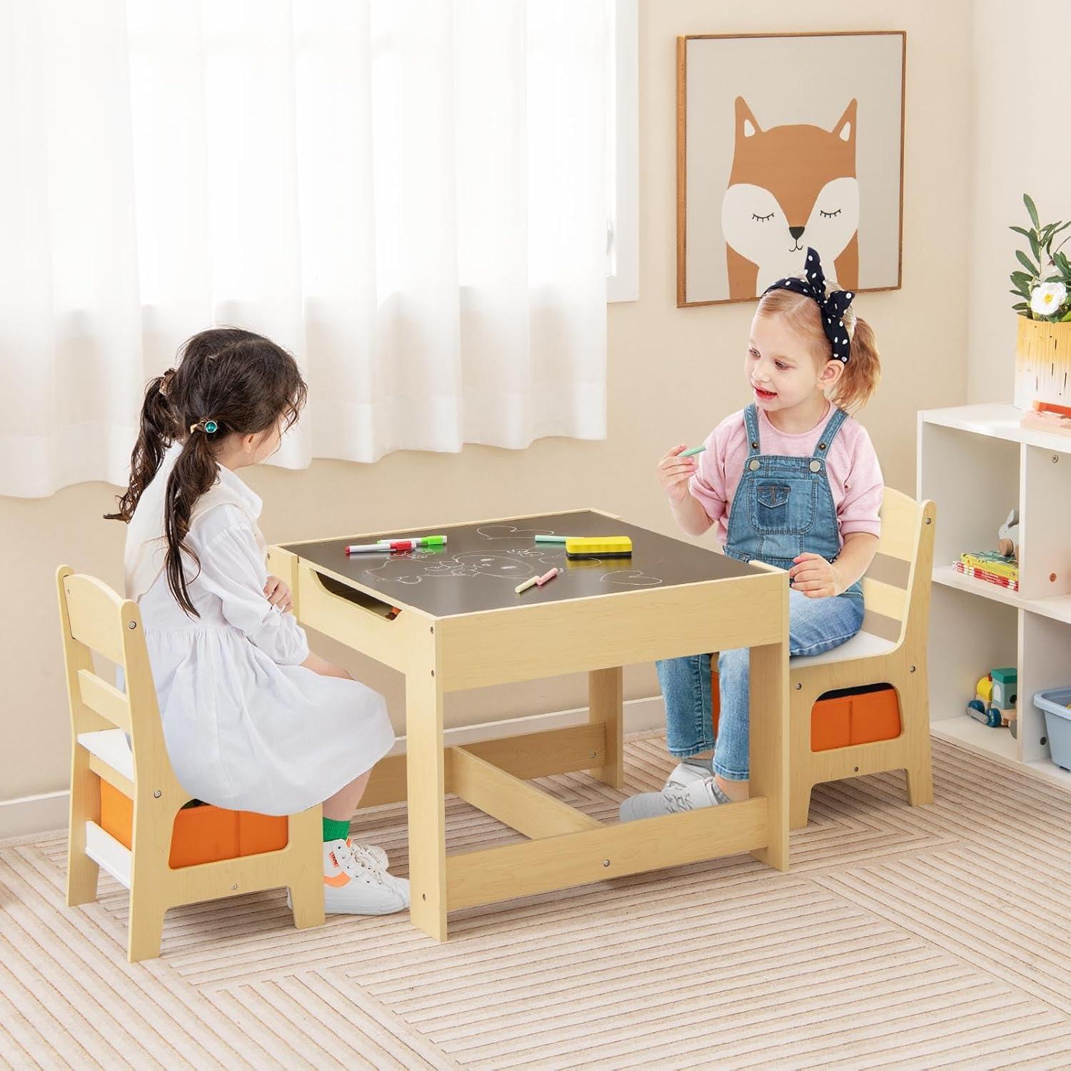 Conjunto de Mesa y Sillas para Niños Fireflowery 3 en 1 Natural