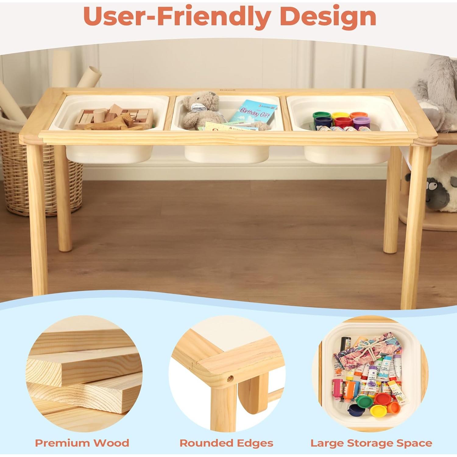 Mesa Sensorial de Madera Bateso TAST3BN_T con 3 Contenedores