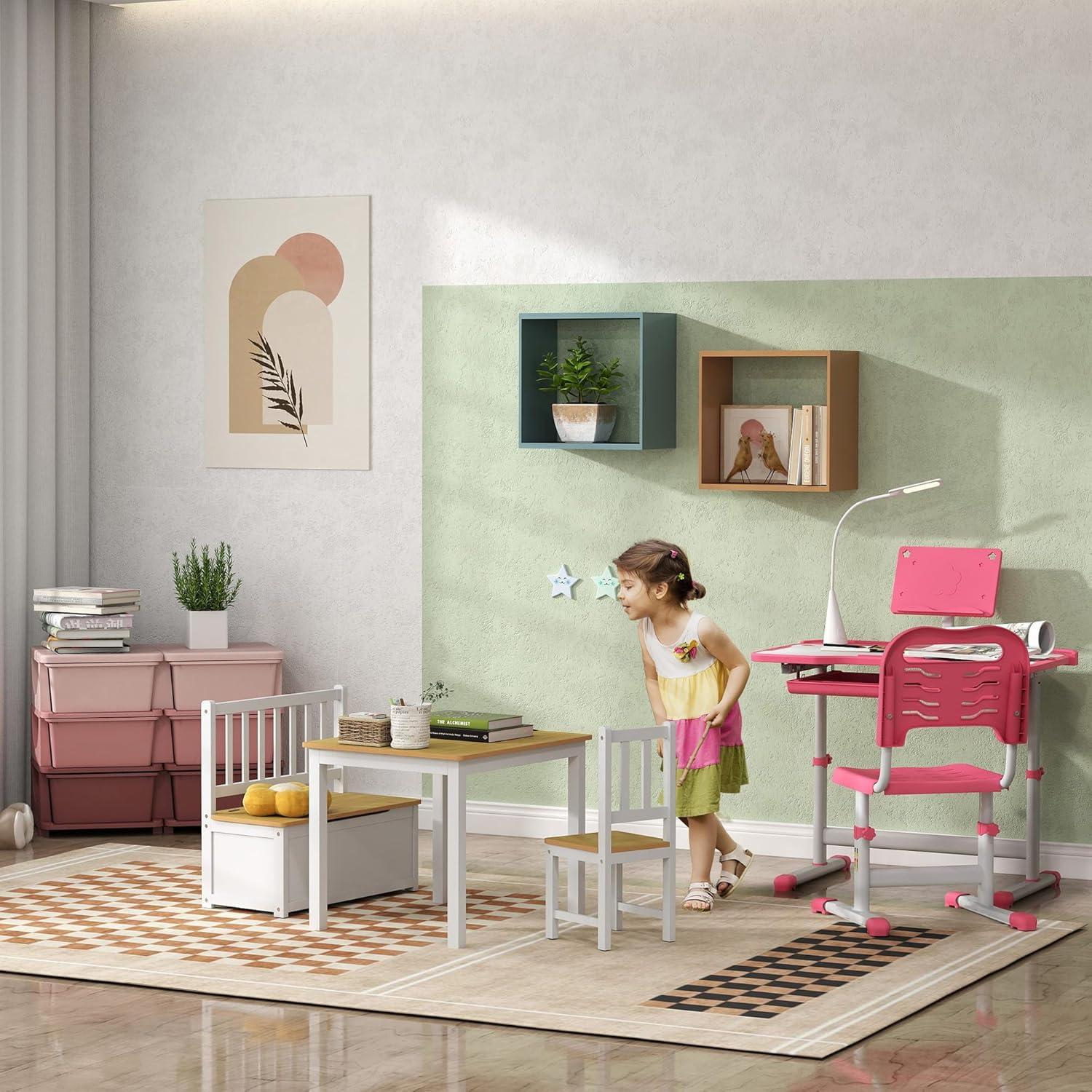 Conjunto de Mesa y Sillas para Niños Qaba 4 Piezas Madera Natural