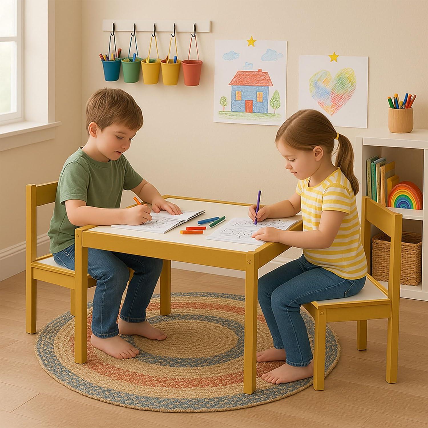Conjunto de Mesa y Sillas de Madera PJ Wood 3 Piezas para Niños