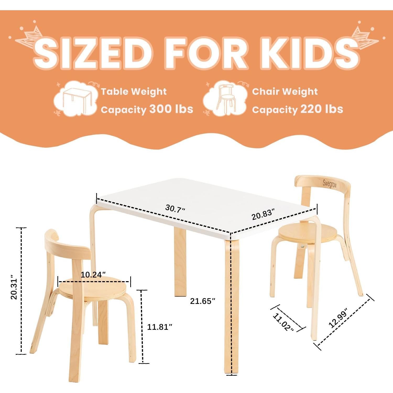 Conjunto de Mesa y 2 Sillas Swegrow para Niños de Madera